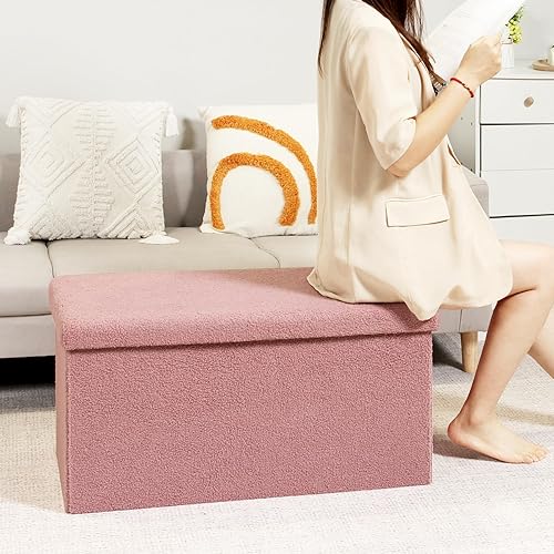 Miniatura 132 de PINPLUS Otomanas otomanas de almacenamiento con forma cuadrada con reposapiés de almacenamiento para sala de estar, asiento otomano Boucle para