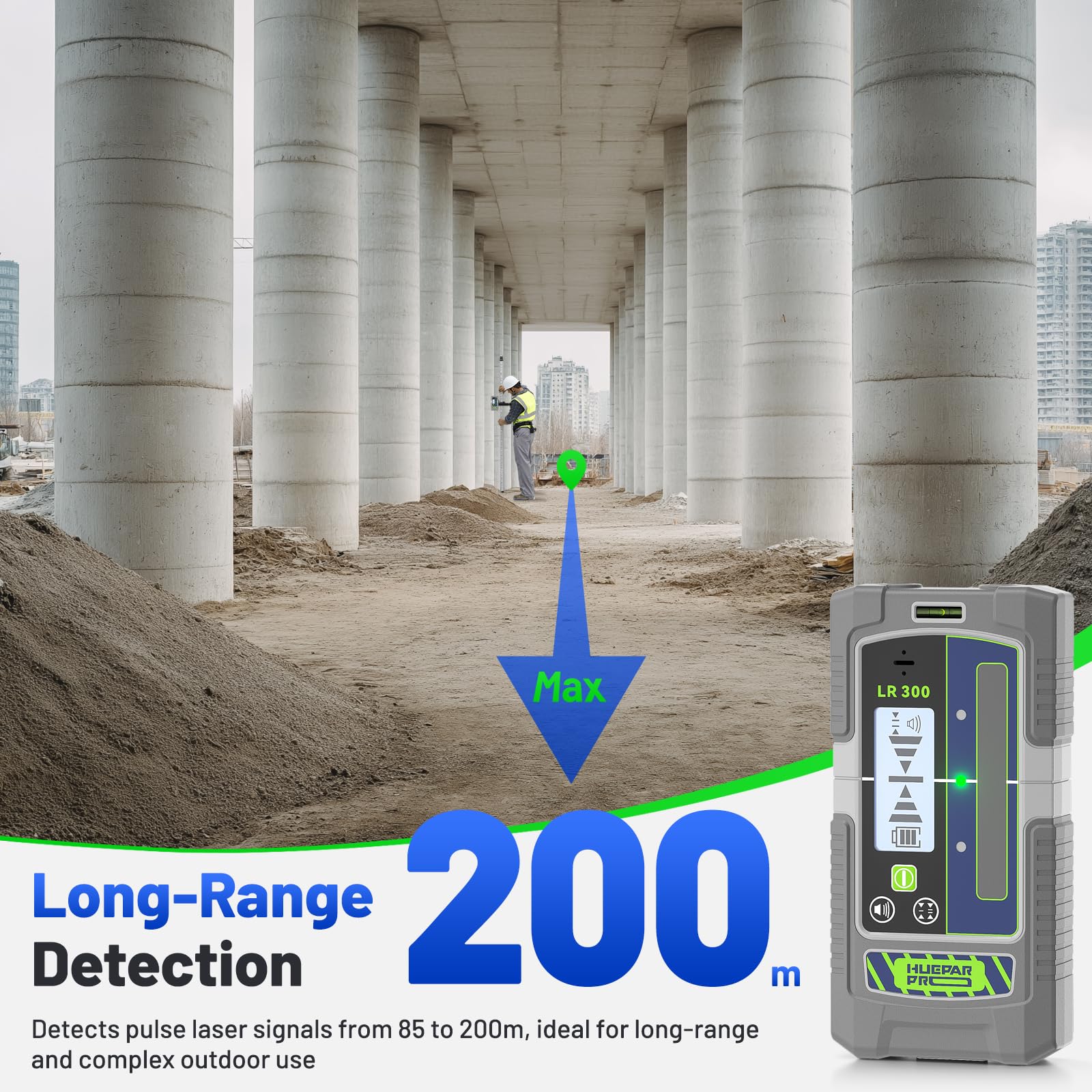 Huepar Pro Professional Laserempfänger Pulsmodus Liniendetektor für Laser-Levels, 60 m, Dual-Präzisions-Modi, IP65 wasserdicht, Magnetklemme, LCD+LED, 20-Stunden-Laufzeit
