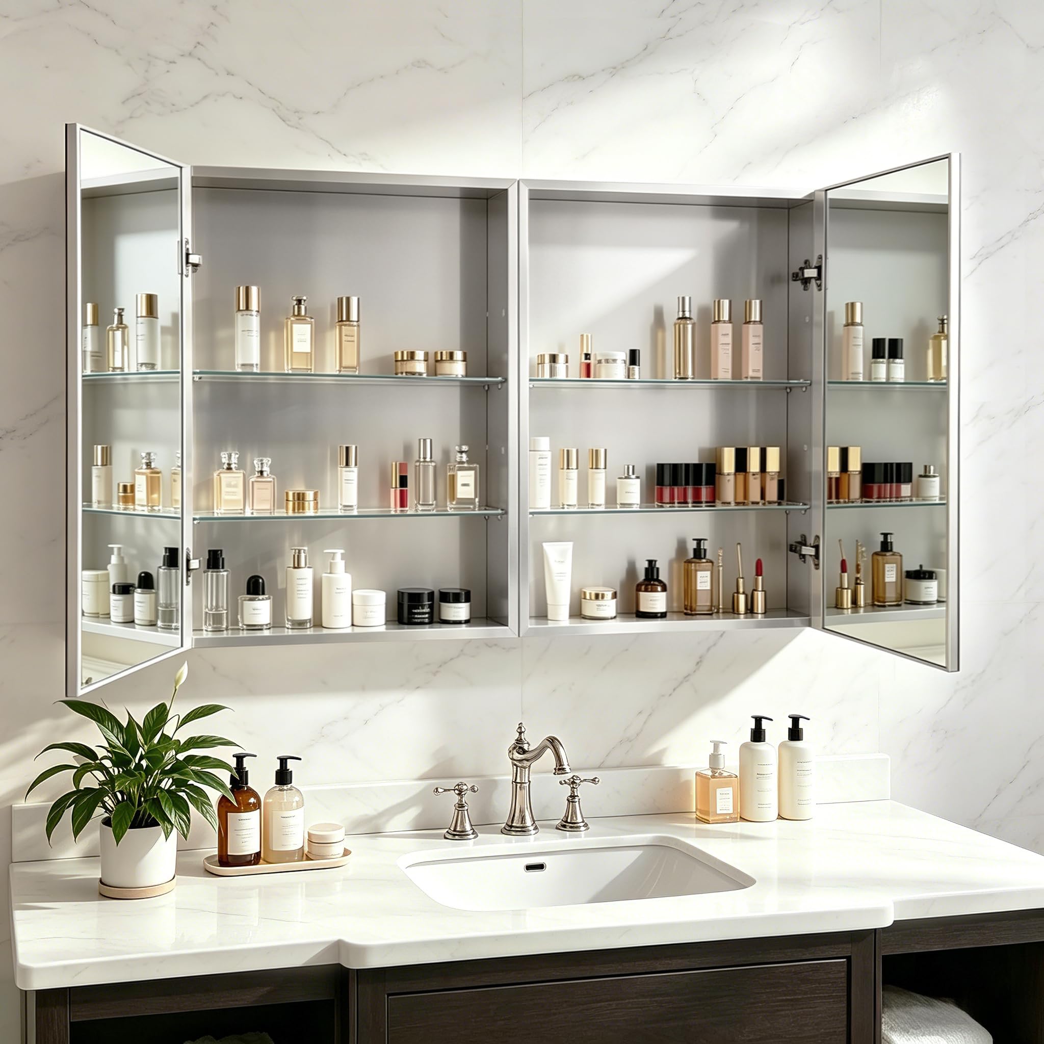 Botiquín de baño de 50 x 66 cm con espejo, marco de aluminio, ligero, resistente y atractivo, adecuado para empotrar o montar en la pared, estantes ajustables, vidrio templado, requiere