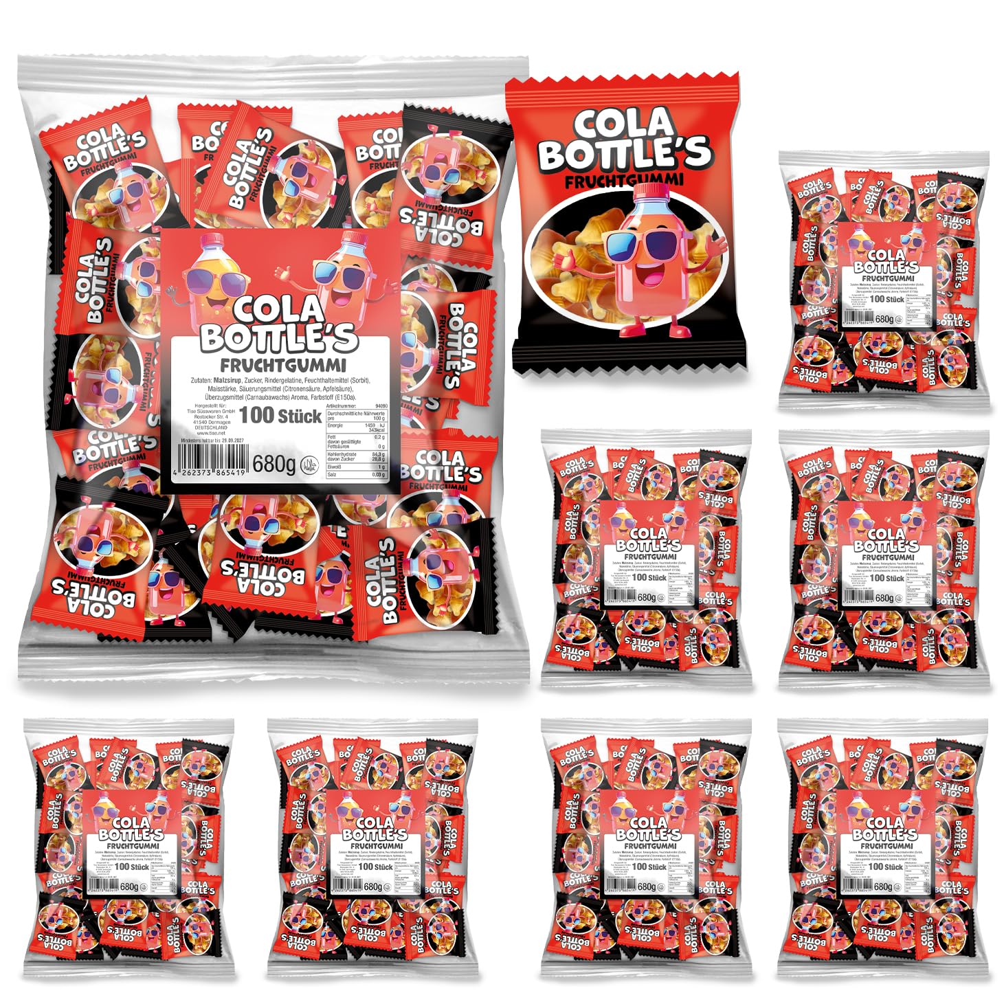 Tise Cola Bottle's Fruchtgummi 100Stk. (8 x 680g) einzeln verpackt perfekt geeignet als Wurfmaterial für Karneval, Süßigkeiten Großpackung, Give-away/Halal