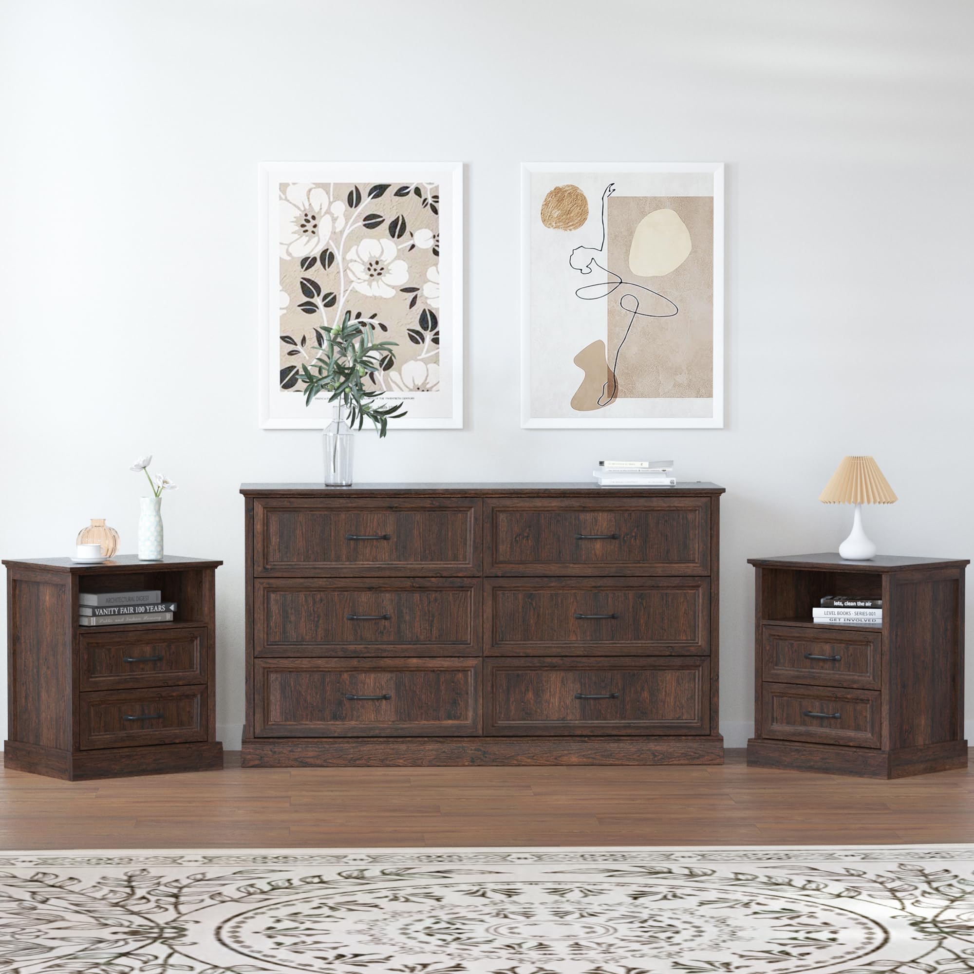 brown dresser and nightstand set Amazon.com: Tradare Farmhouse Dresser and Nightstand Sets 3 Piece,  Nightstands Set of 2 & 6 Drawers Dresser for Bedroom, 55