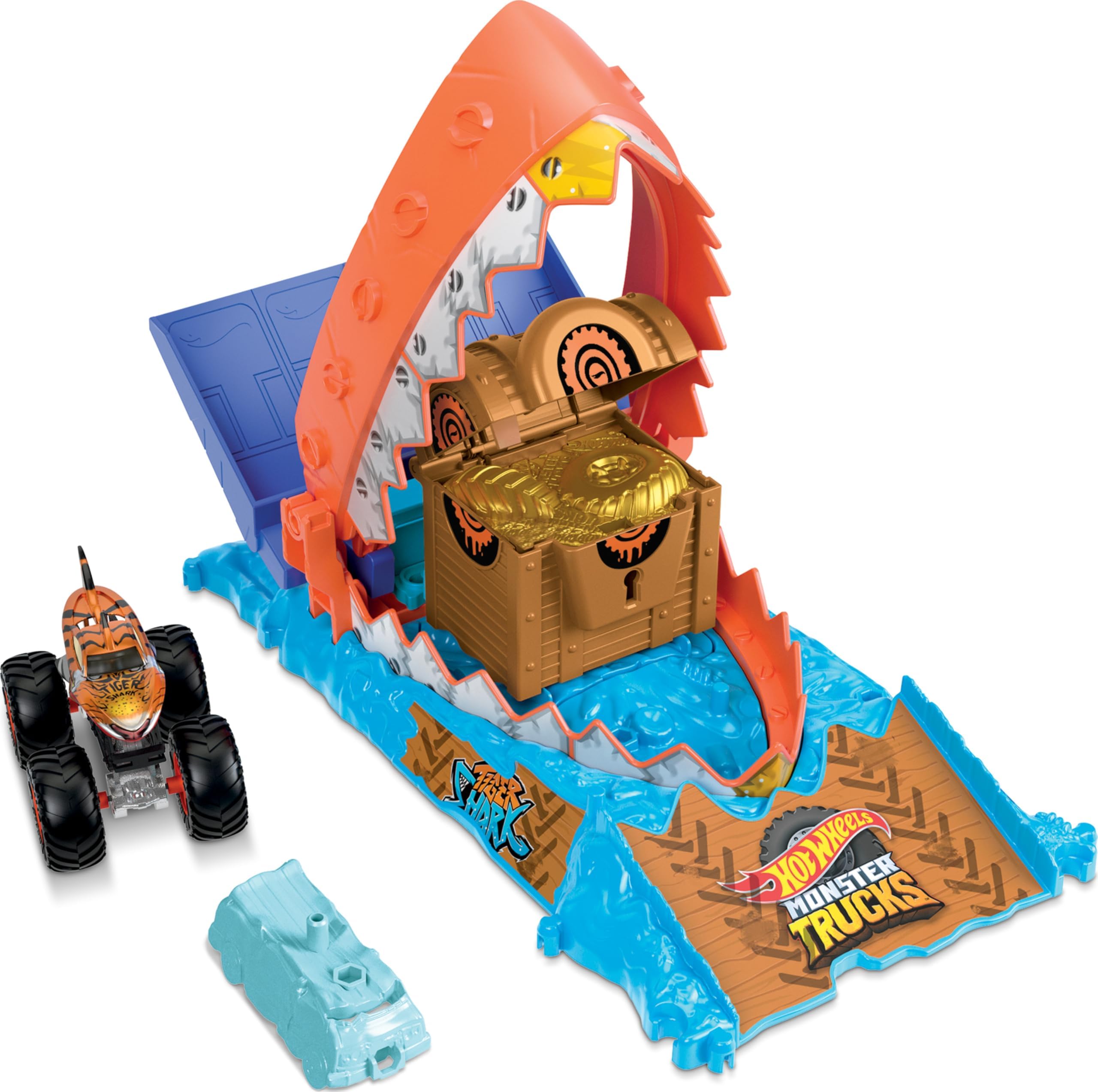 Monster Trucks Arena Smashers Treasure Chomp Challenge Playset with 1:64 Scale Tiger Shark Toy Monster Truck & 1 Crushed Car