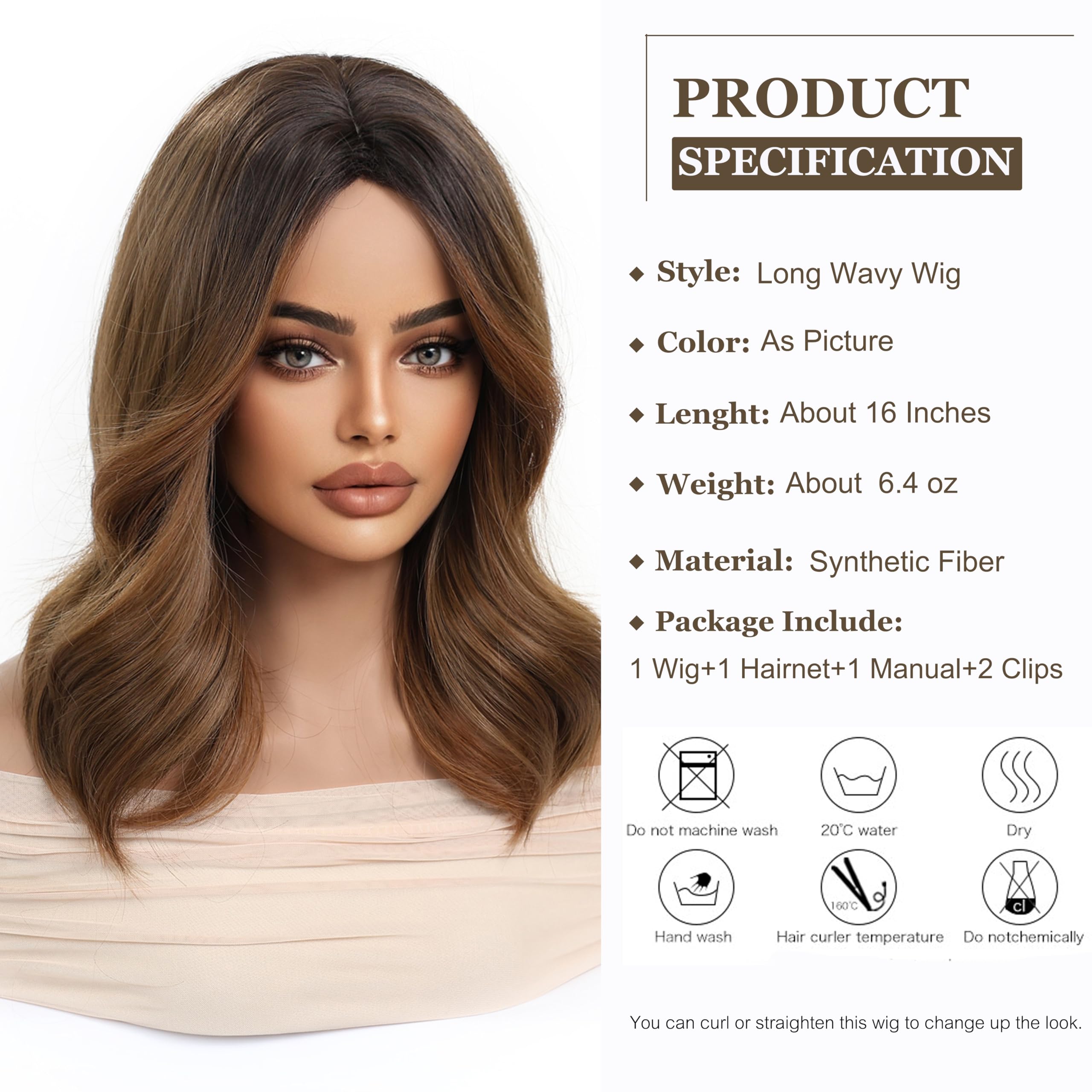 Esmee Long Wavy Brown Wigs for Women Natural Synthetic Hair Ombre Wig for Daily & Party Use, Brown 1291, 16 pollici - Image 2