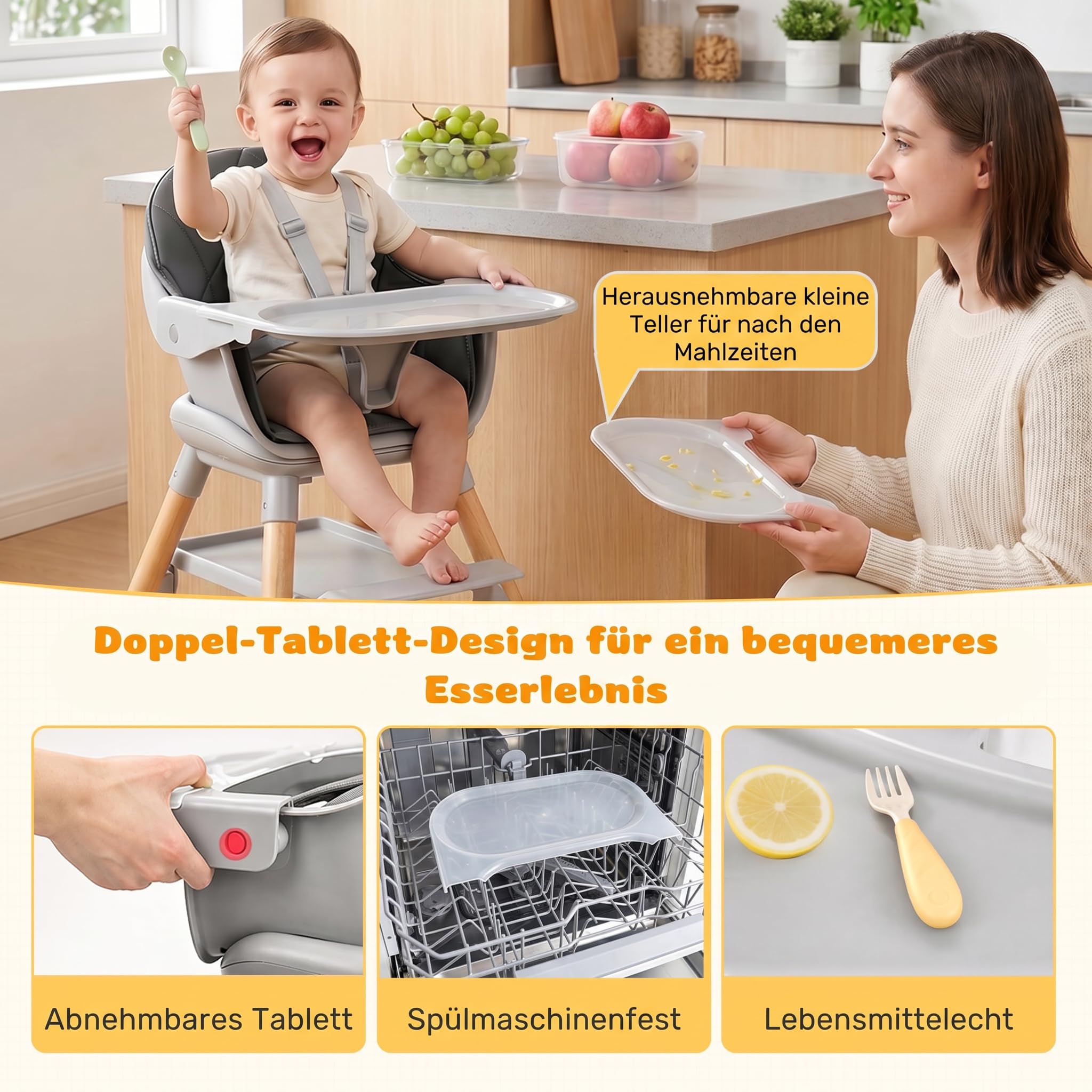 Holz-Hochstuhl 6-in-1 Umwandelbar mit Sicherheitsgurt und Fußstütze | Kinderstuhl & Barhocker, Abnehmbares Ablagebrett, Für Säuglinge & Kleinkinder, Umklappbare Fußstütze, 6 Nutzungsmöglichkeiten