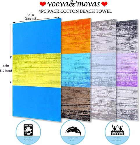 Miniatura 4 de VOOVA & MOVAS Paquete de 4 toallas de playa grandes XL para adultos (34 x 68 pulgadas), toallas de playa de gran tamaño para piscina, toalla de