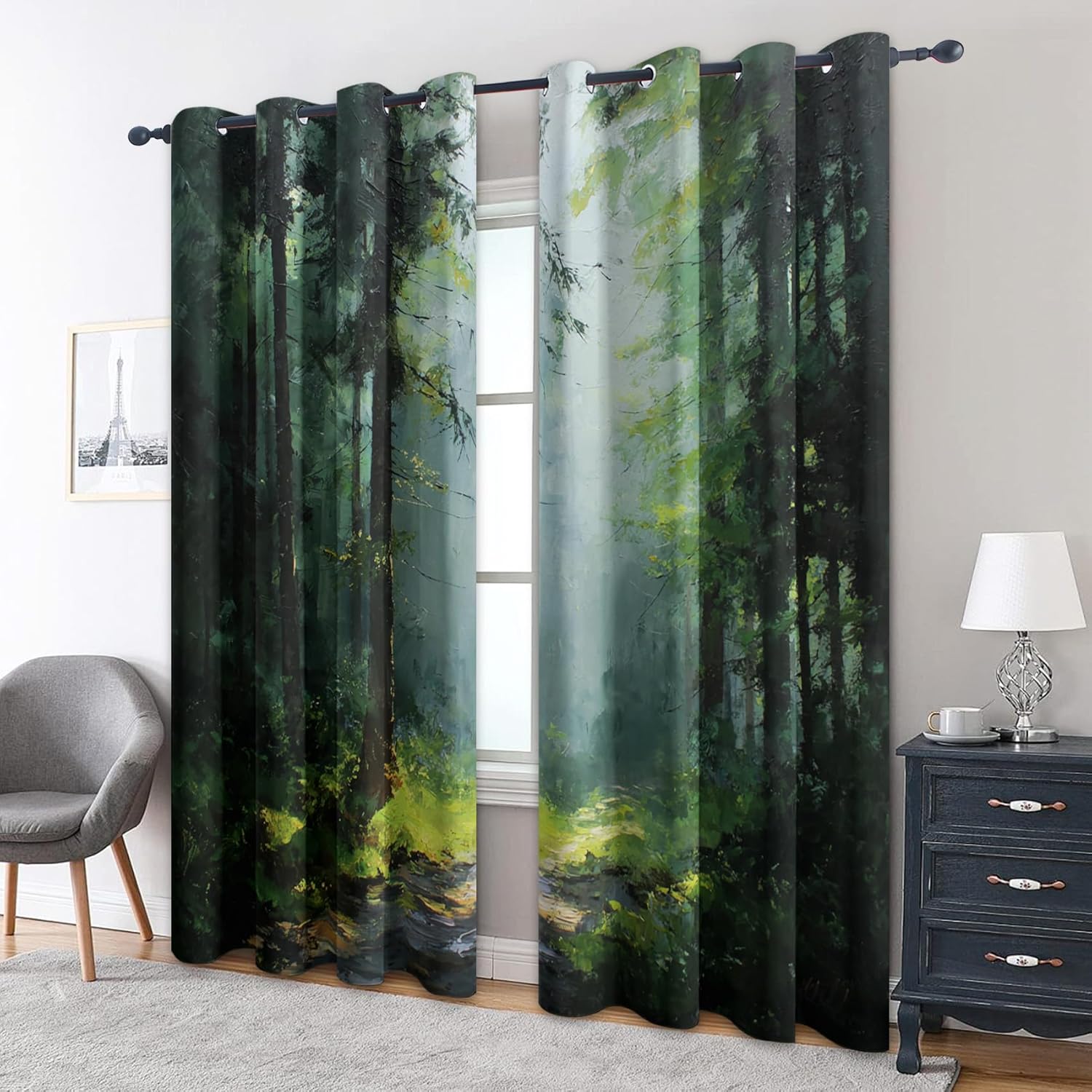 Forest Bedroom Curtains 63 Inch - Nature Landscape Printed Living Room Curtains, Forest Home Decor Blackout Window Drapes with Grommet, 2 Panels Set - HL9512