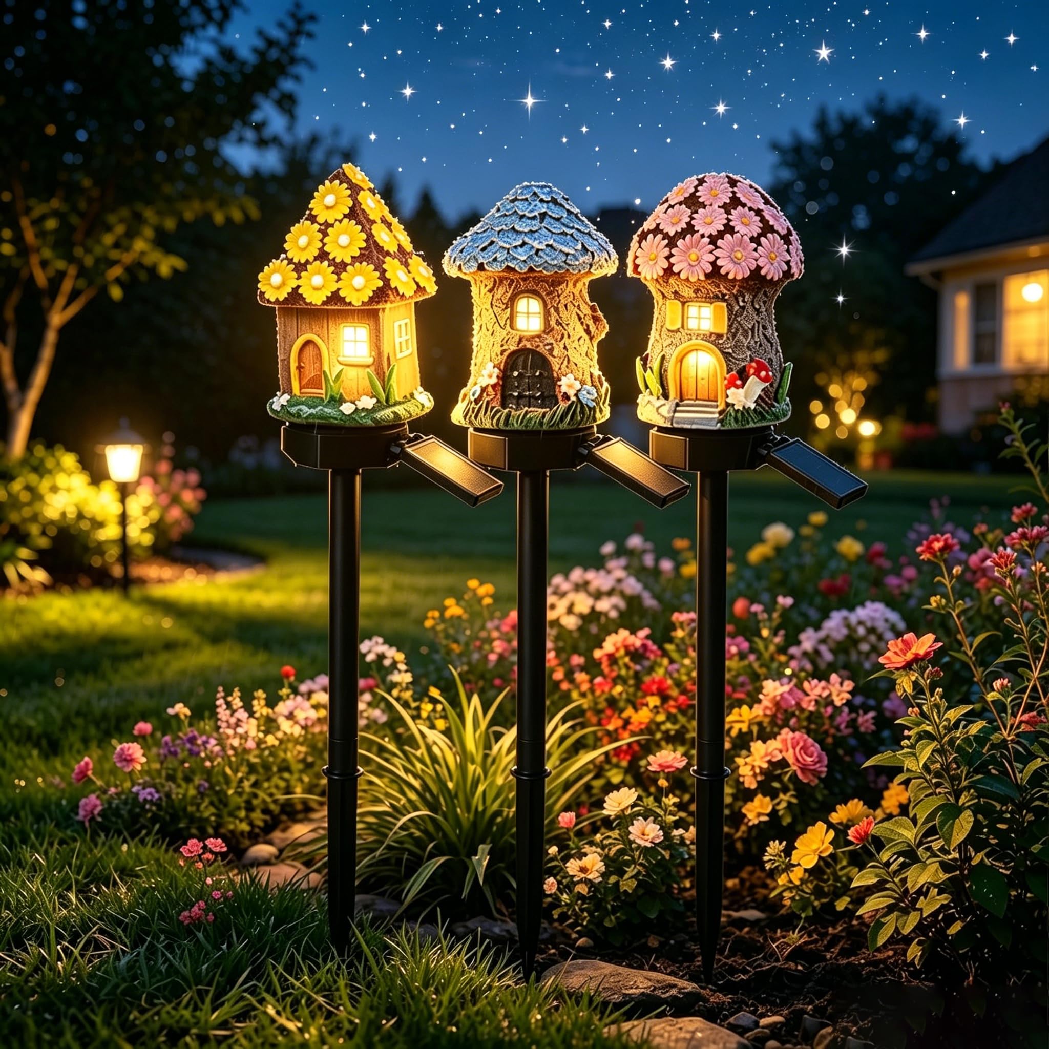 Solar Fairy-Tale Mushroom Cottage Garden Light, Waterproof Resin LED Landscape Lamp with Auto Dusk to Dawn, Warm Glow Wireless Stake Light, Tool-Free Outdoor Decor for Yard Patio Lawn Pathway (3PCS/B)
