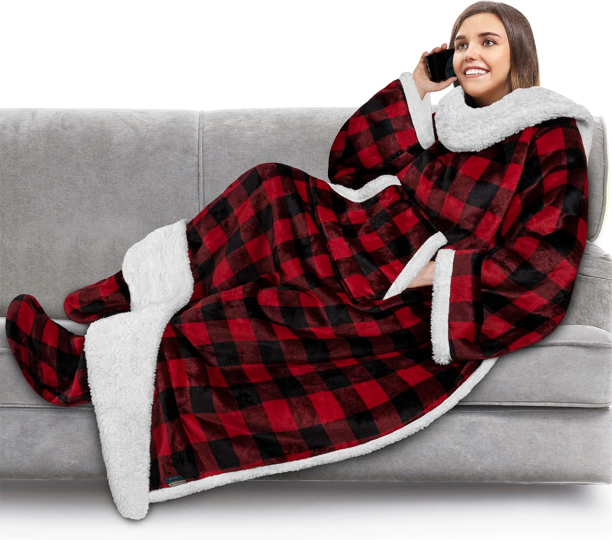 PAVILIA Sherpa Blanket with Sleeves, Foot Pocket for Women Men Adults, Thick Wearable Blanket Throw Wrap, Fleece Warm Snuggle Blanket Robe, Cozy Gift Ideas Wife Mom, Checkered Red