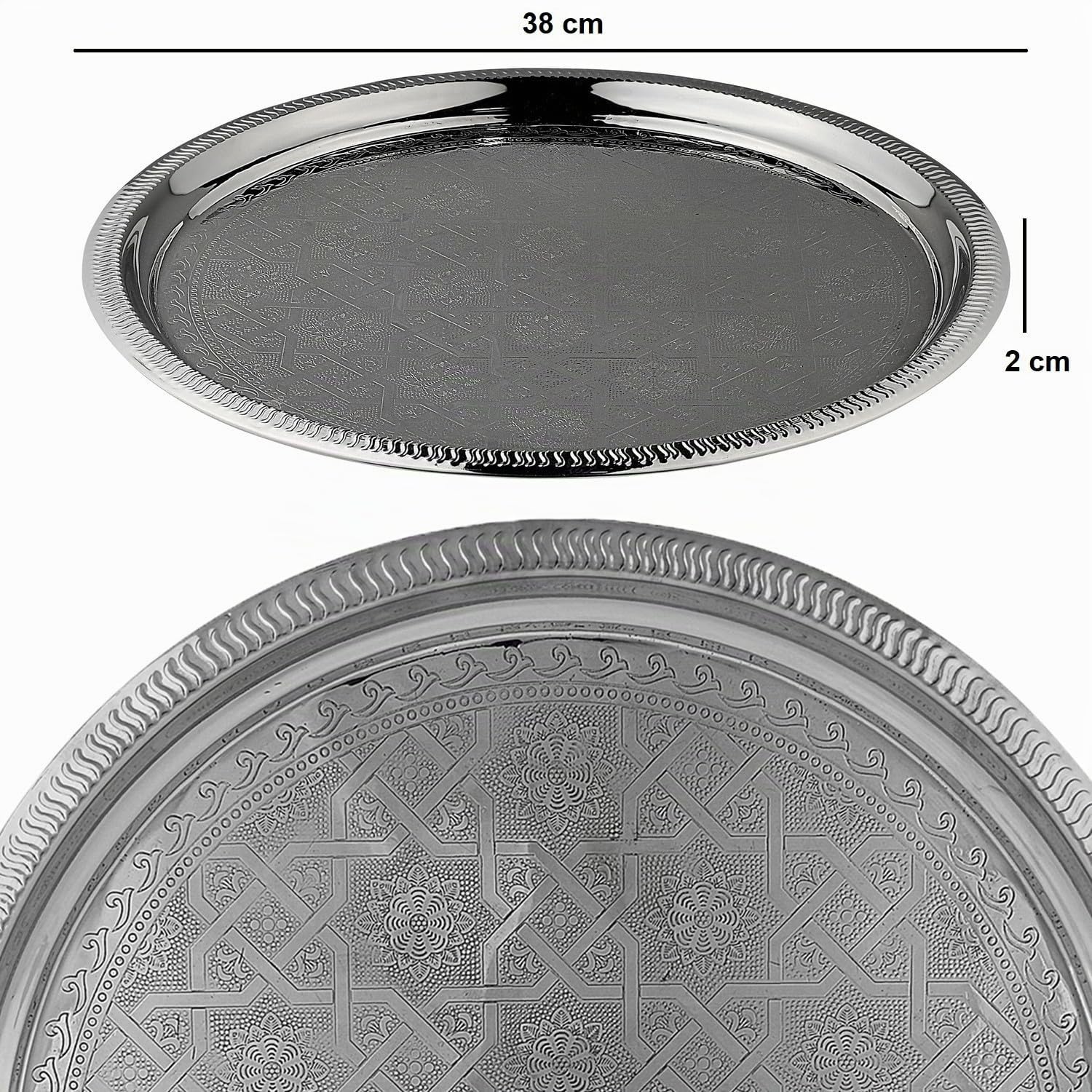 Orientalisches Serviertablett Nacera rund aus Metall in Silber 38 cm