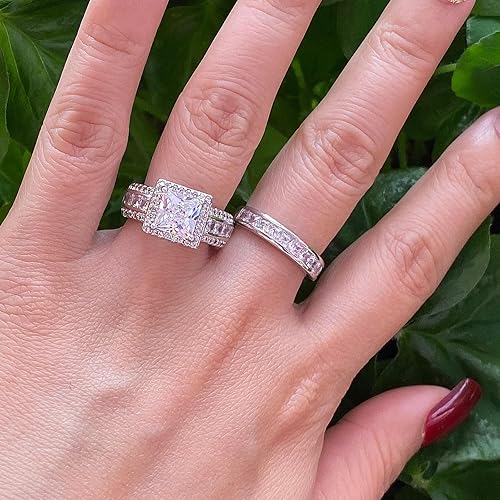 Miniatura 5 de 3Ct Princess Wedding Rings for Women Engagement Ring Set Bands 18k White Gold Plated Halo Cz Size 6-10