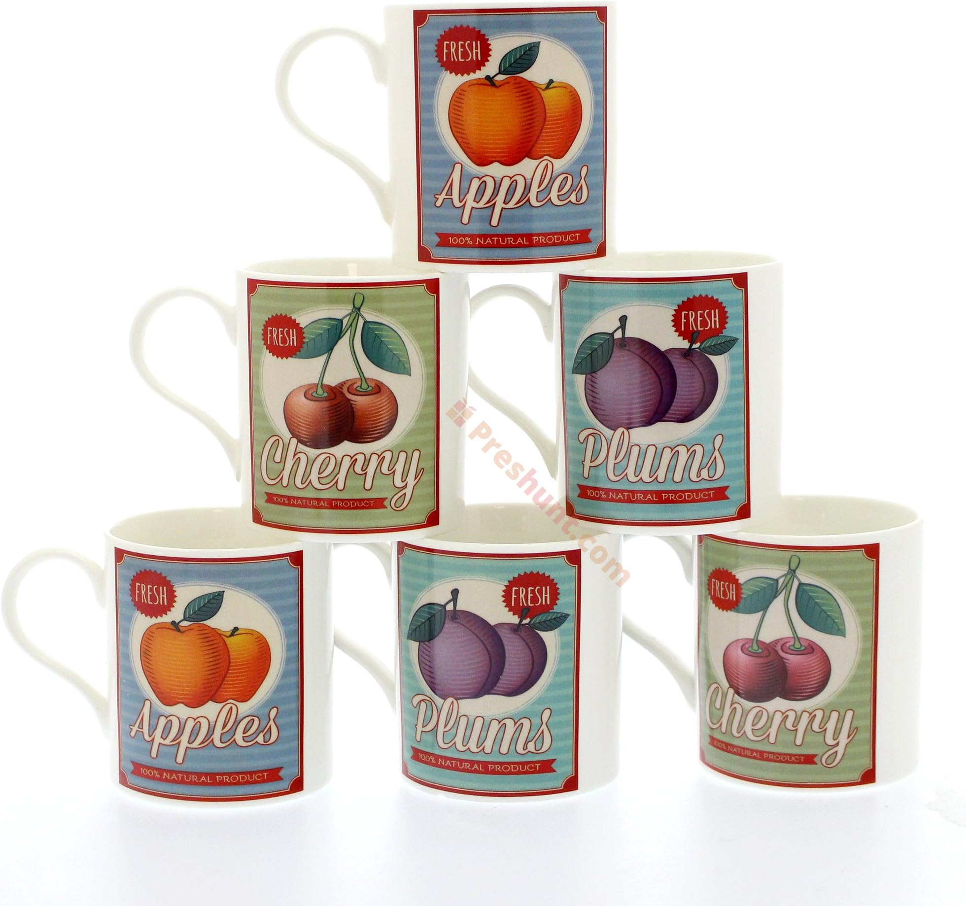 Set 6 Fine China Mugs, Individually Boxed - Retro Fruit Signs Design