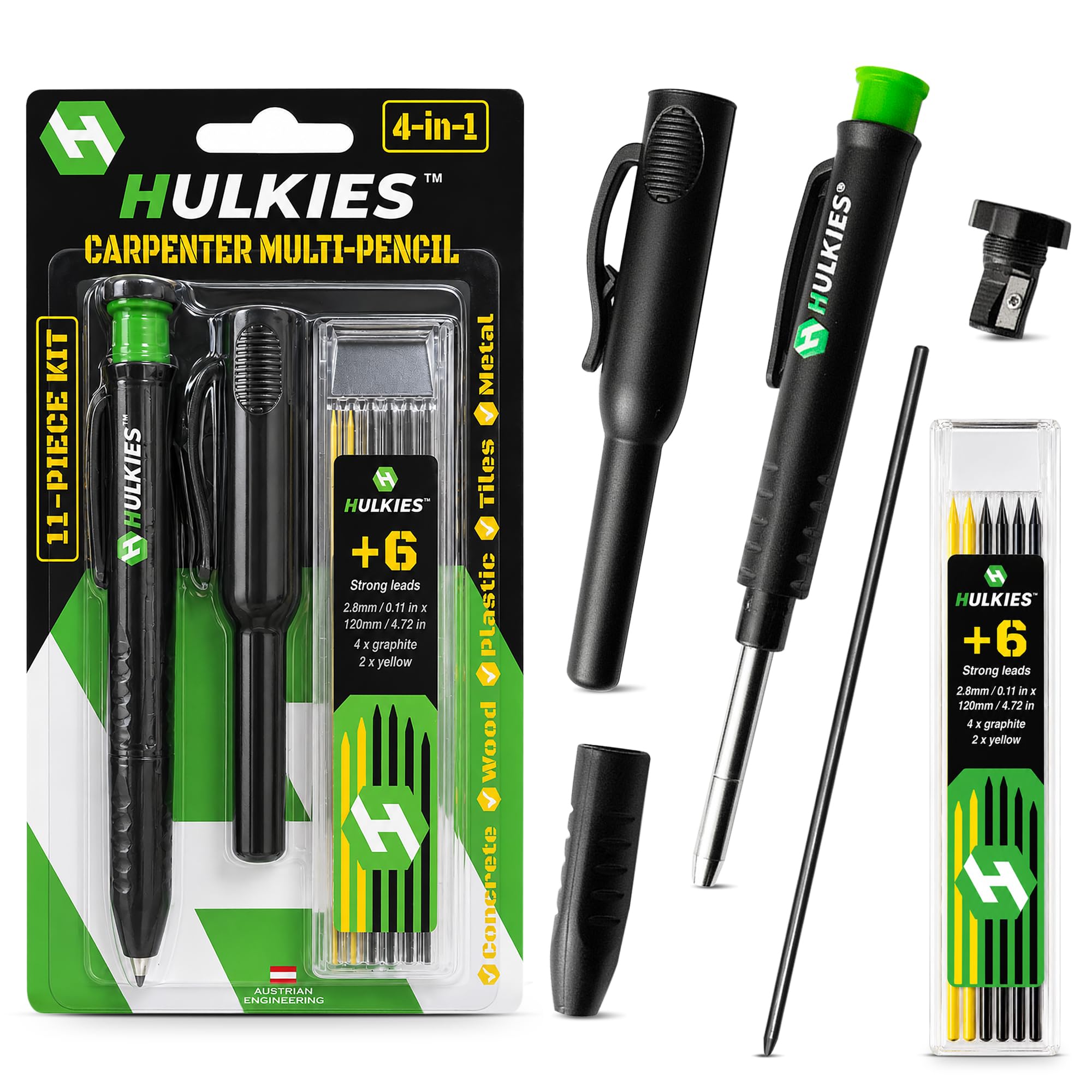 Professional 4 in1 Carpenter MULTI-PENCIL, 11pc Universal ALL IN ONE Deep Hole MARKER KIT incl. Comfort Grip, Quiver, 7 Leads & sharpener Austrian Engineering (1 Pencil Kit Black/Green)