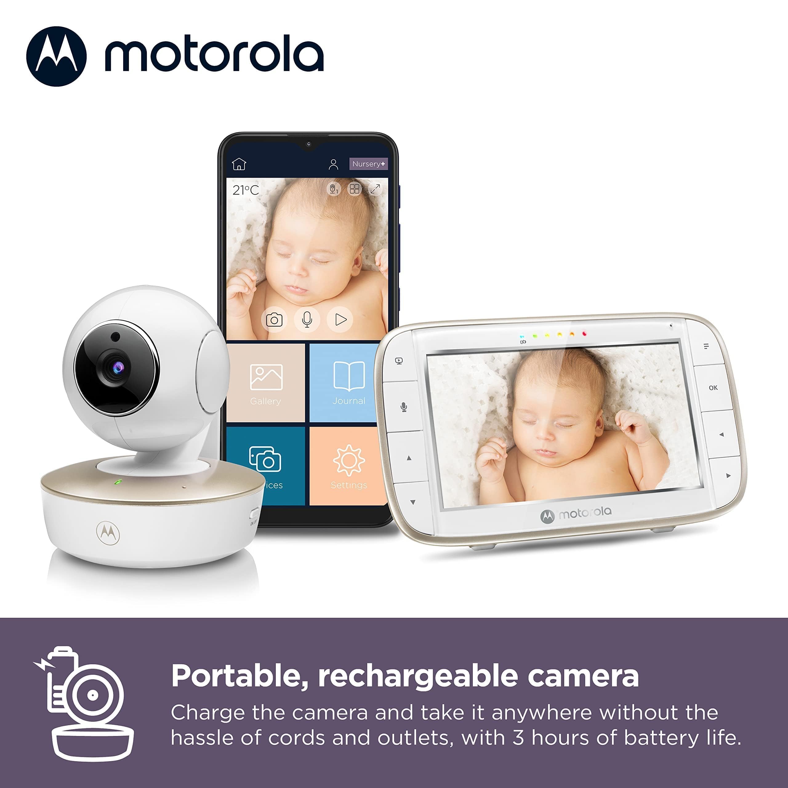 Motorola Nursery VM855 Connected WiFi elektroniczna niania – z aplikacją Motorola Nursery i 5-calową jednostką rodzicielską – widoczność w nocy, temperatura i dwukierunkowa rozmowa, kolor biały/złoty