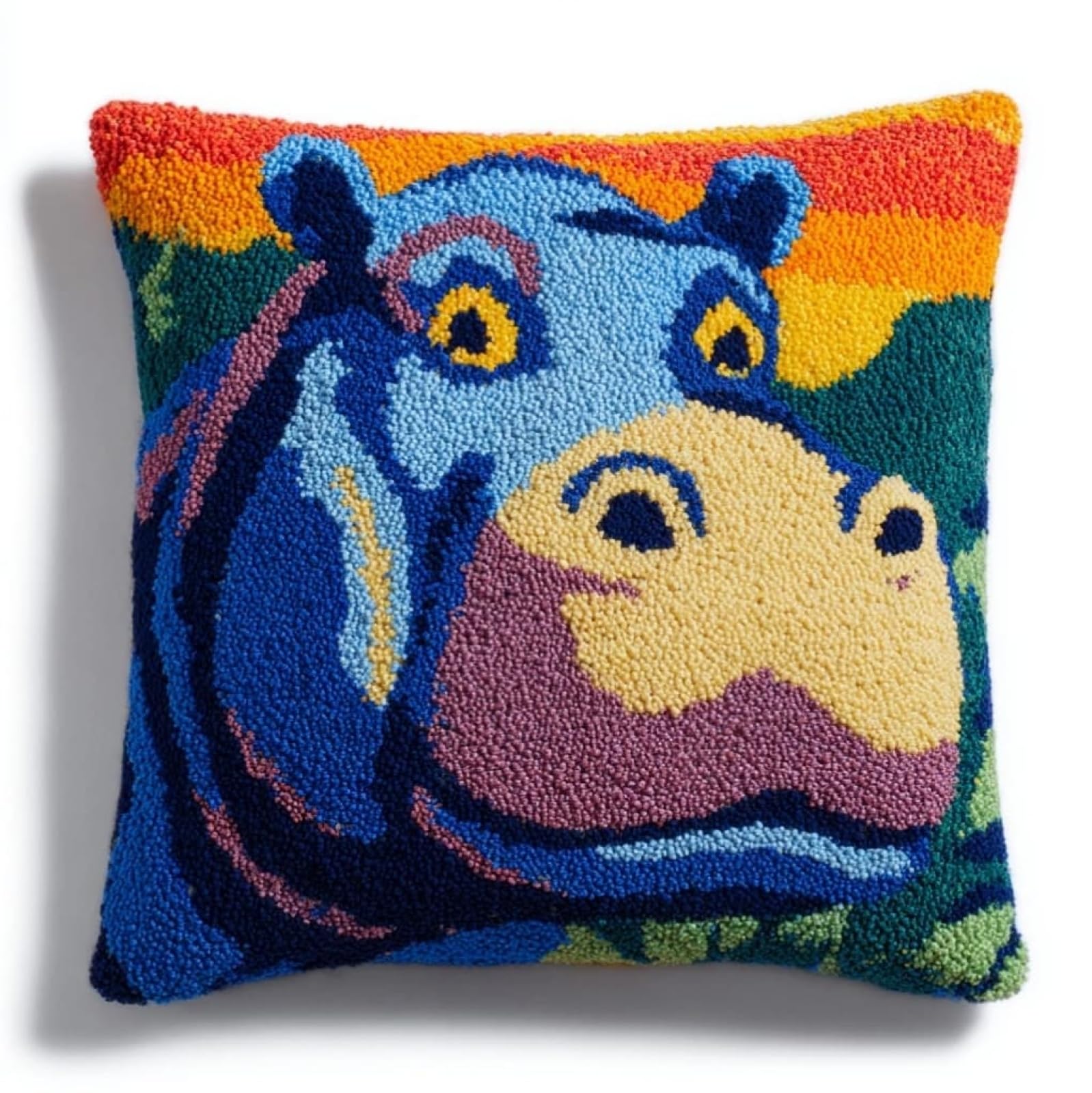 AxiangziK DIY Latch Hook Pillow Kit,Cartoon Hippo 17x17inch Printed Pillowcase Crochet Yarns Hooking Handmade Cushion for Home Sofa Decoration