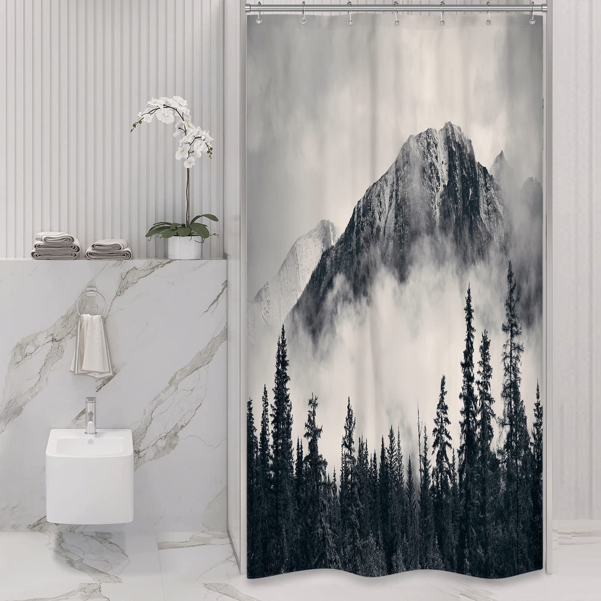 RiyidecorSmall Stall Misty Shower Curtain 36Wx72H inch Mountain Nature Rustic Scenery Foggy Smokey Tree National Parks Cliff Outdoor Home Decor Fabric Bathroom Plastic Hooks 7 Pack RY-WHRV