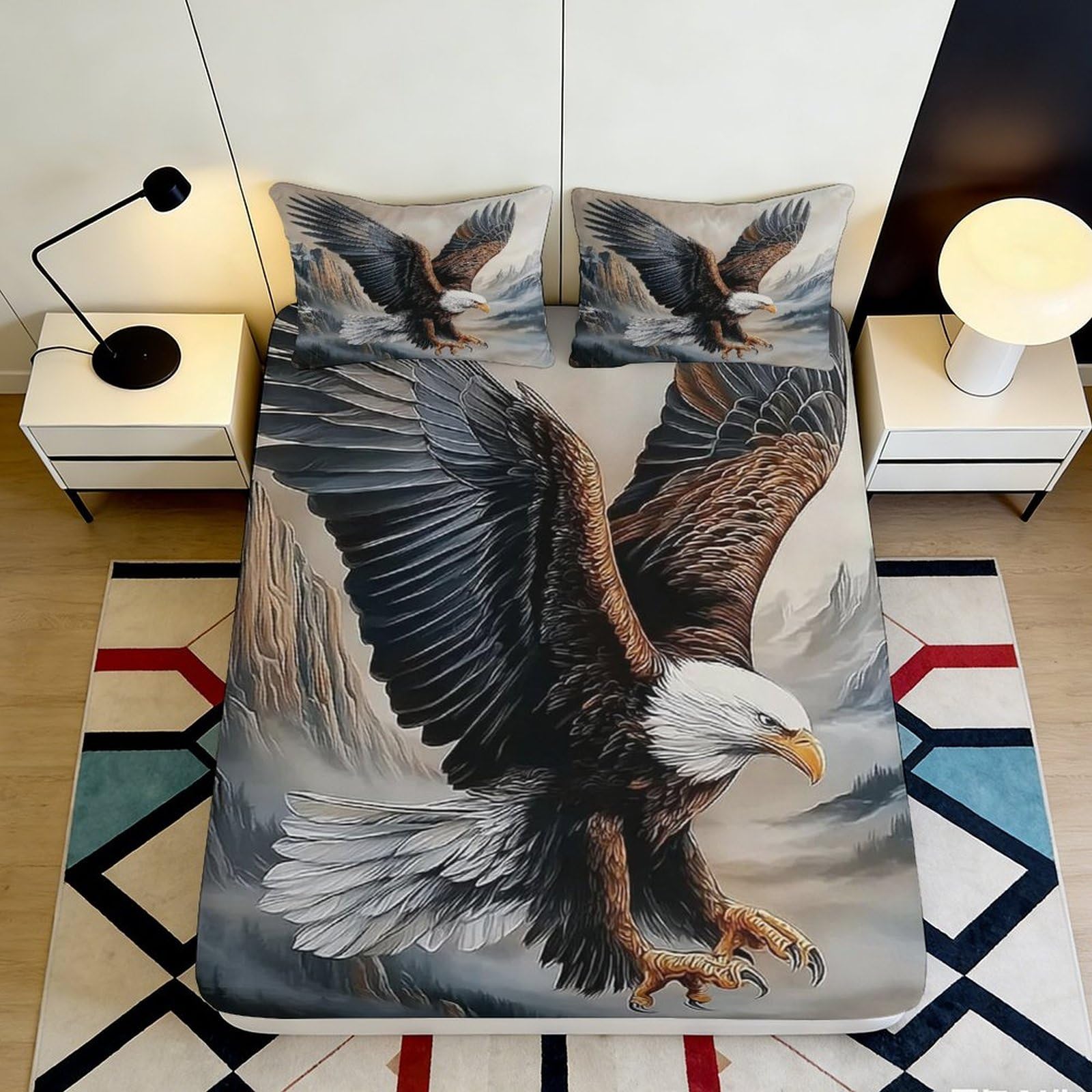Pnayamiorkfel Style-1 3D Printed Bald Eagle Fitted Sheet Microfiber Soft Anti-Slip Mountain Landscape Bed Cover For Bedroom Decor 90X200x25cm