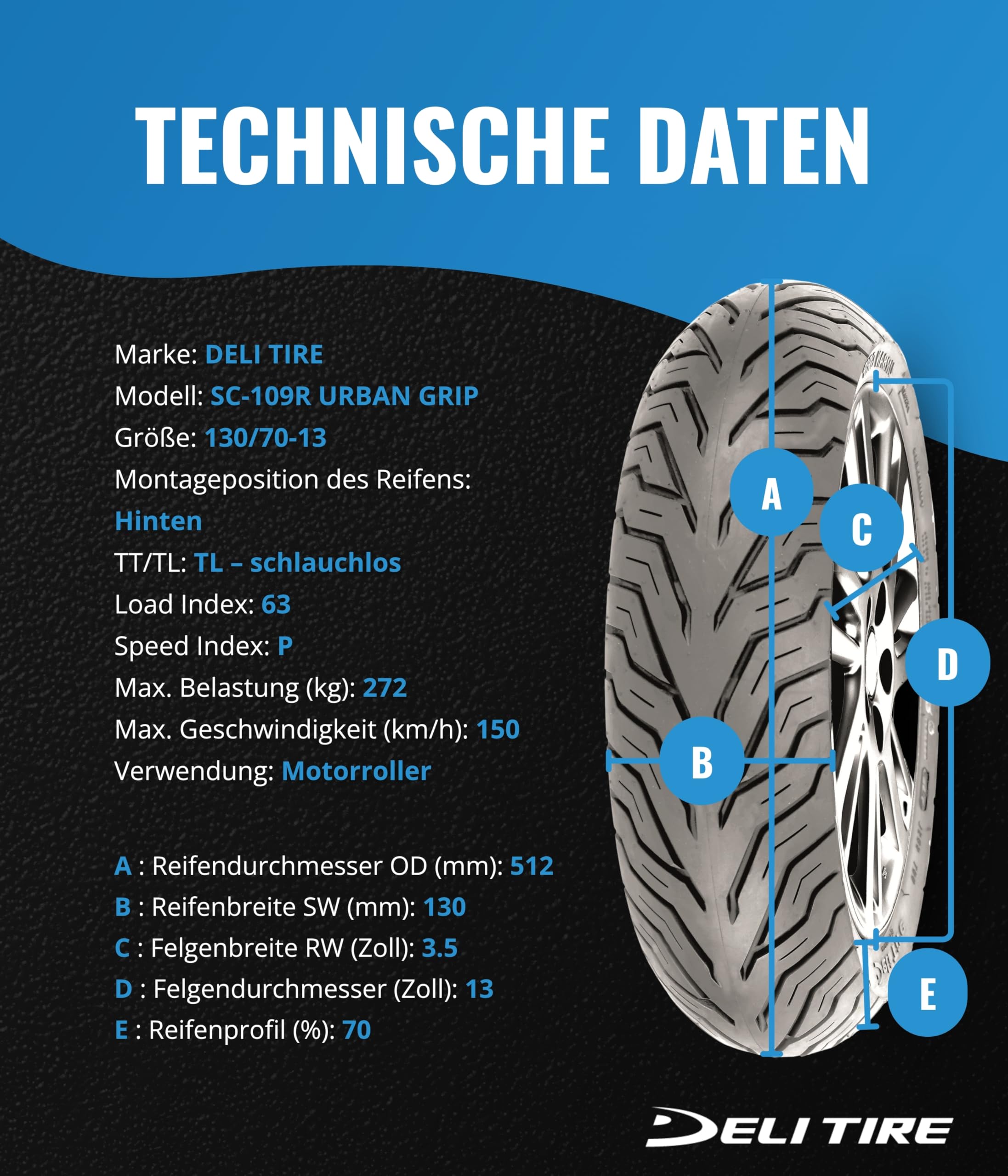 DELI TIRE Sommerreifen 130/70-13 M/C TL 63P URBAN GRIP SC-109R