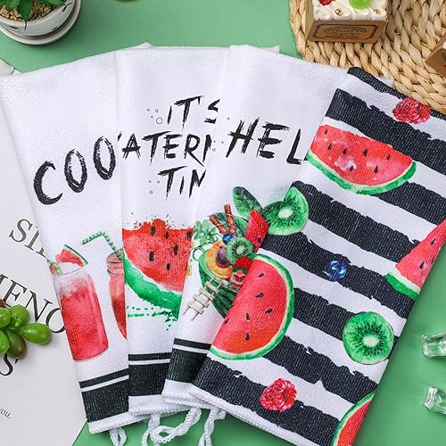 Miniatura 7 de Honoson 4 paños de cocina de sandía para el verano, estilo casa de campo, toalla decorativa de cocina absorbente de sandía a cuadros para cocina,
