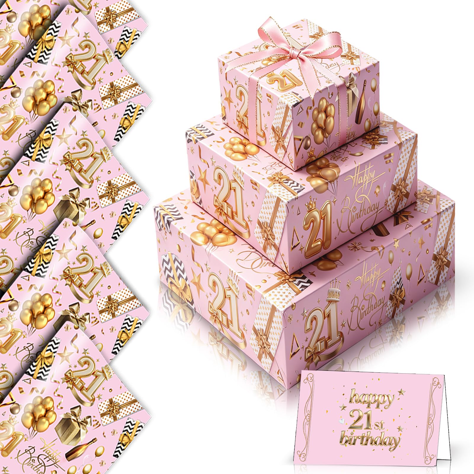 YAAVAAW Pink and Gold 21st Birthday Wrapping Paper Girls,5 Sheets 50x70cm 3D Pink Girls Happy 21 Birthday Gifts Wrap Paper with Cards and 2m Ribbon for Girl Her Female 21st Birthdays Decorations