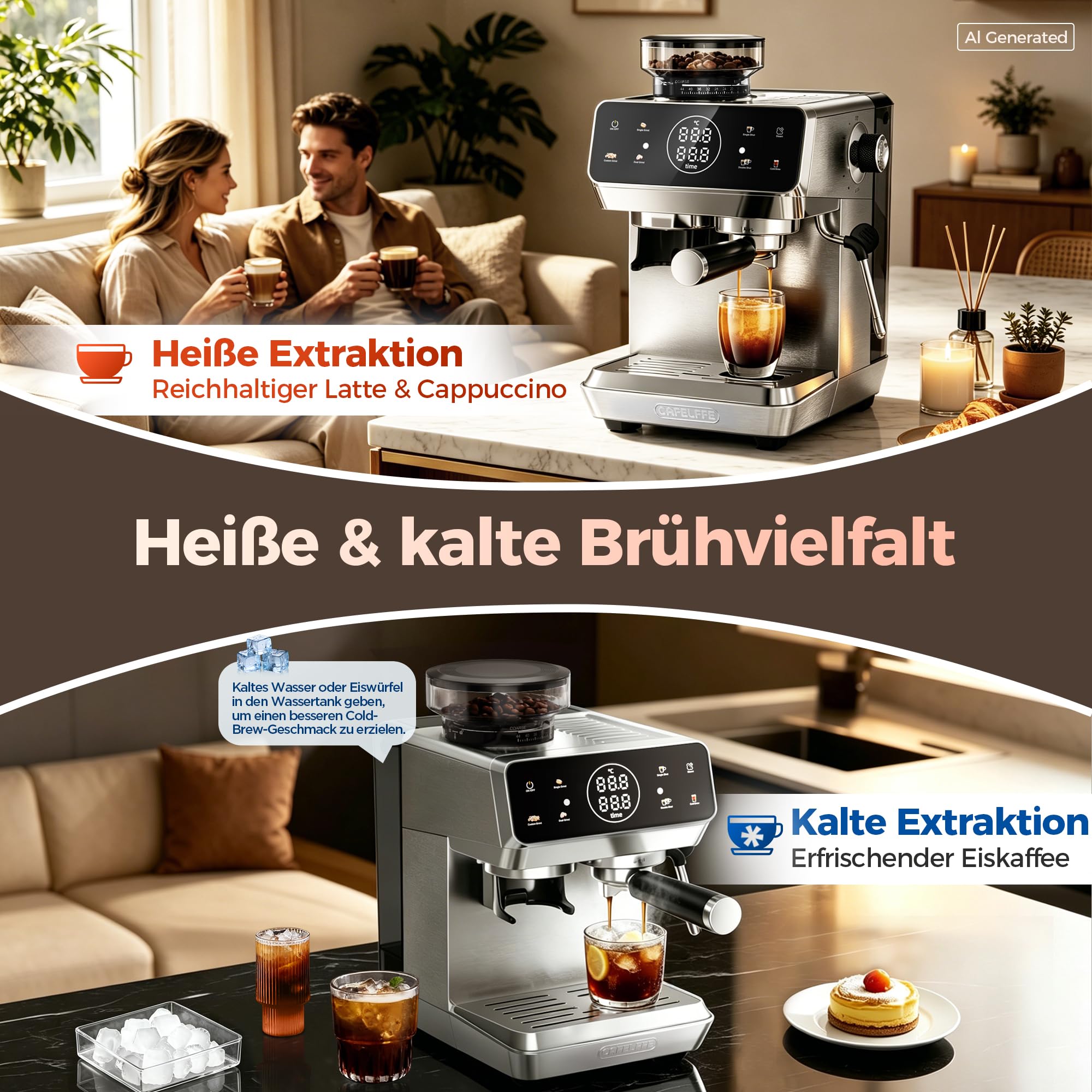 CAFELFFE MK-903 Espressomaschine 20 Bar 1500 Watt 1,8 Liter Mahlwerk Heiß-/Kaltbrühfunktion