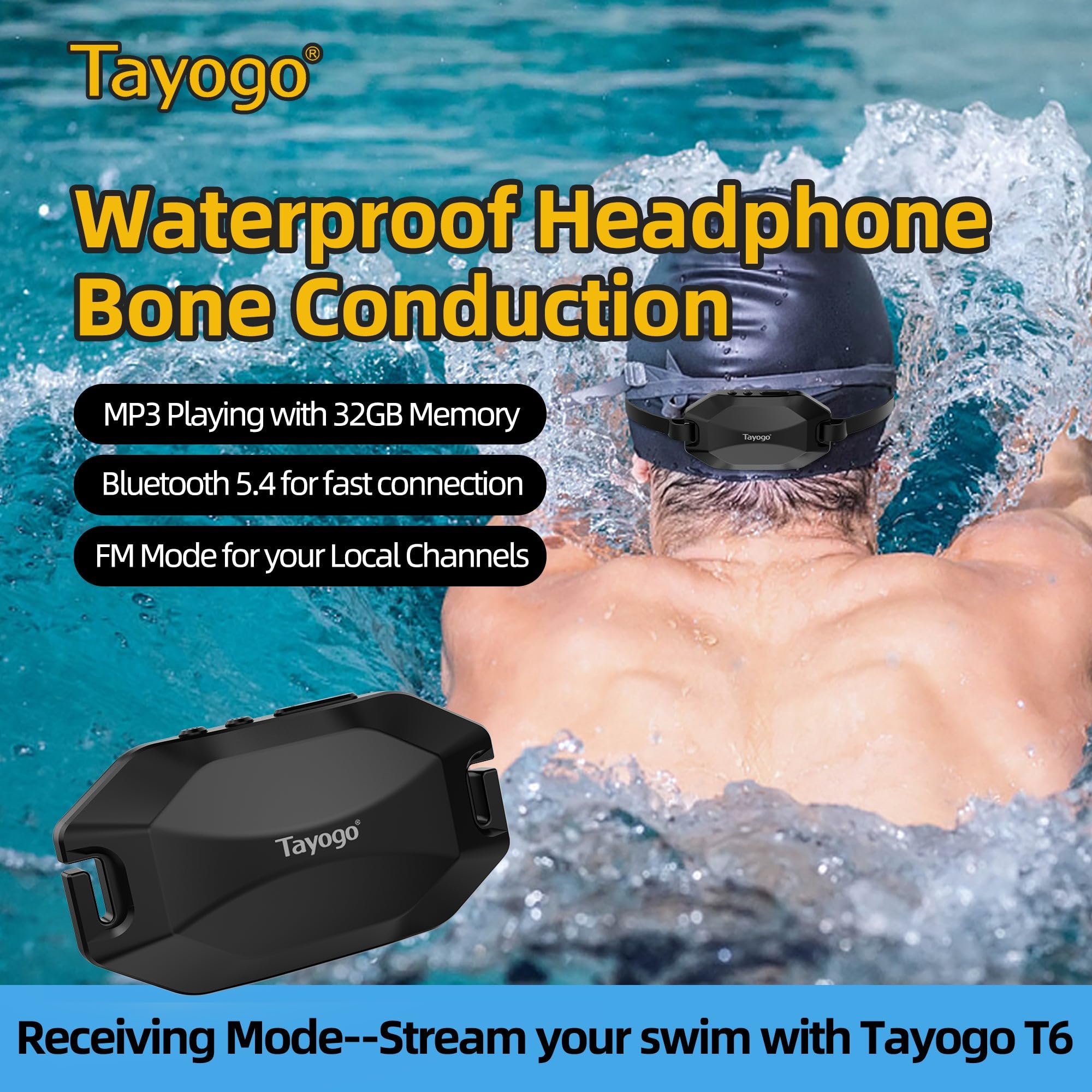 Tayogo Rock Pro Auriculares de Conducción Ósea Impermeables, 4 en 1 Abiertos para Natación, Running y Deporte con Bluetooth, MP3, Radio FM y Modo de Recepción (Negro)