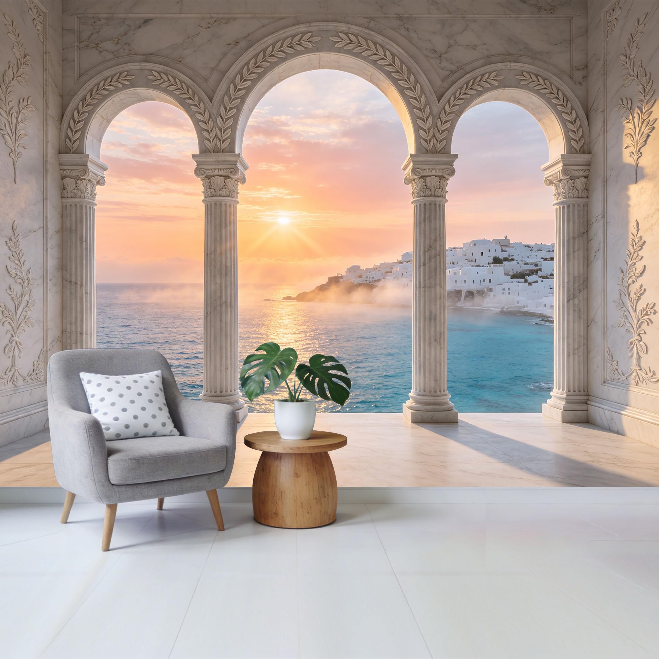 Removable Self Adhesive Fabric Mural， Mediterranean Coastal Sunset Custom Size Wall Covering， UV Protected Waterproof Washable Wall Decor for Living Room Bedroom Bathroom