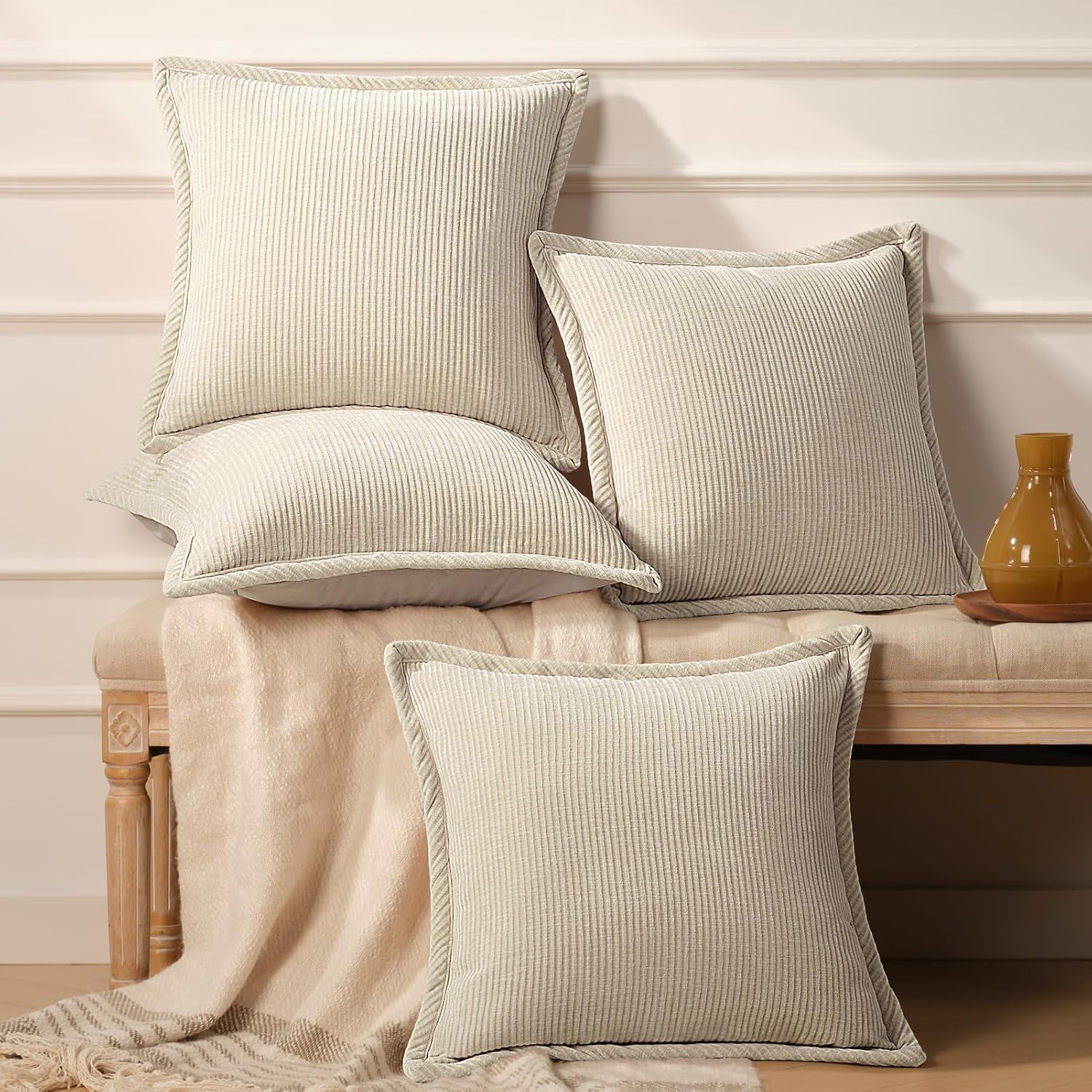 Phantoscope Pack of 4 Paris Corduroy Throw Pillow Covers, Unique Vintage Twill Edge Decorative Pillows Solid Boho Textured Pillow Covers Fall Broadside Square Cushion Case, Cream,18 x 18 Inch