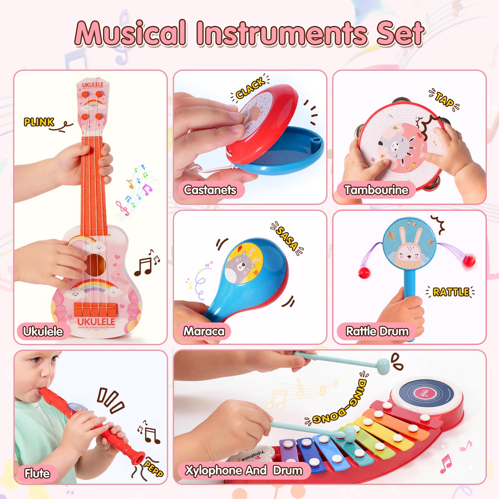 Musikinstrumente für Kinder, 8-in-1 Montessori Spielzeug mit Ukulele