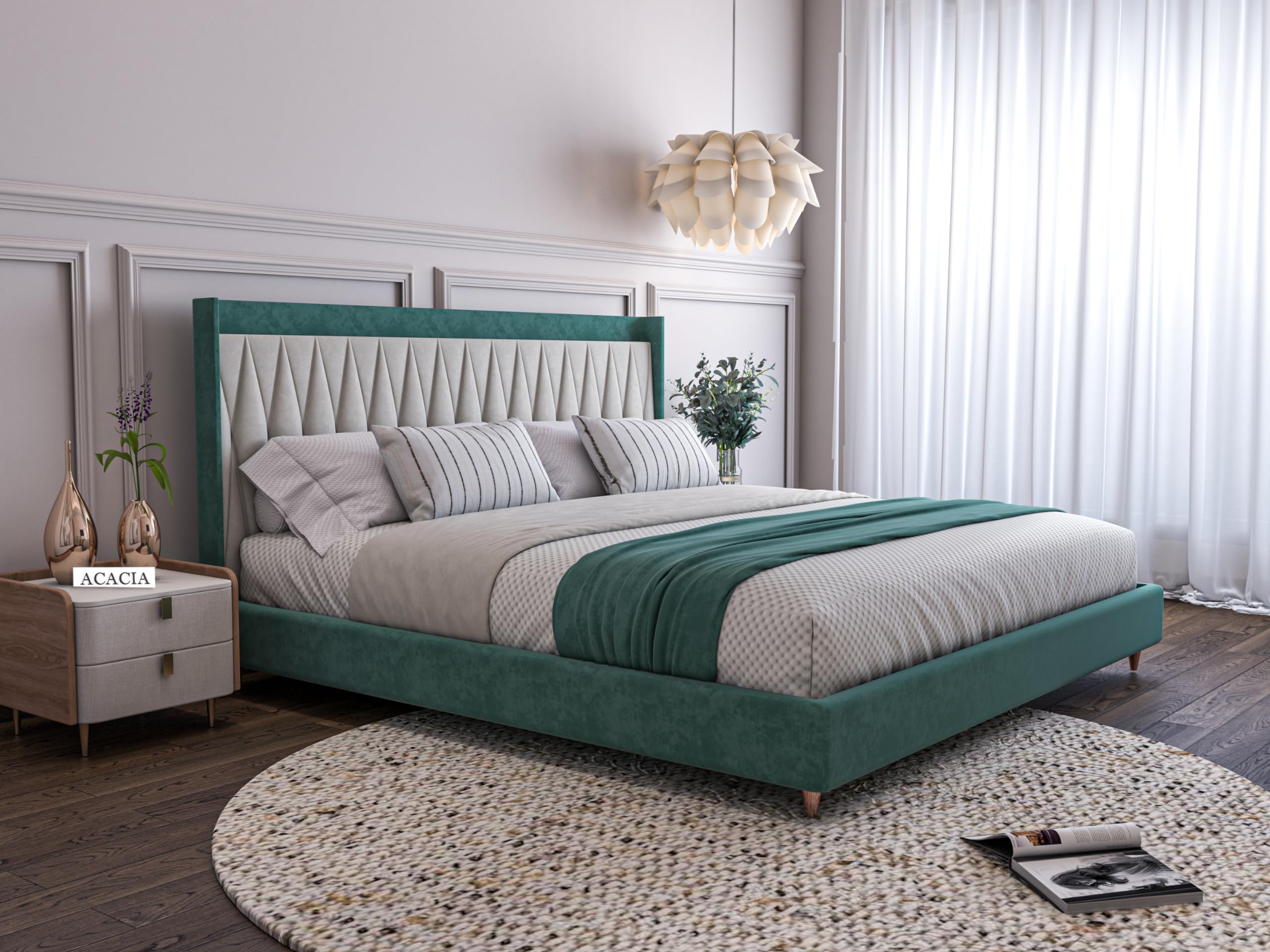 Acacia Modern Upholstered King Size Bed for Bedroom | Wooden Double Bed | Platform Cot Bed with Upholstery Premium Fabric | 6.5 x 6 Ft | Sheesham Solid Wood (Rosewood, Greendust) discount deal