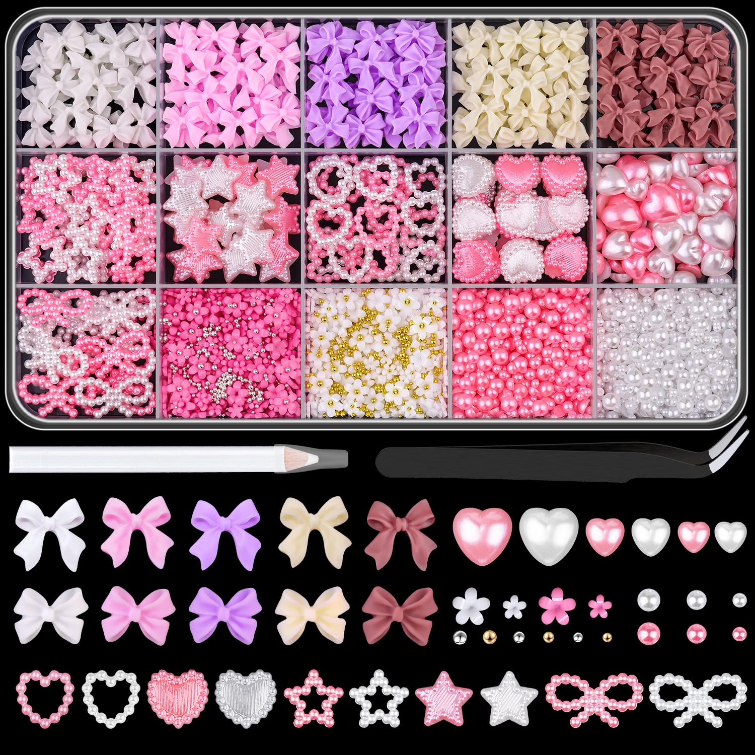 3D Nail Charms for Coquette Nails Design Set 4 Colorful Nail Bows Assorted Pearl Heart Star Moon Bowknot