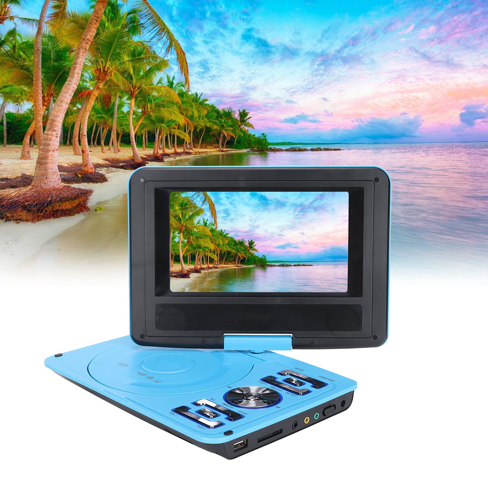 Tragbarer DVD-Player, 6,8 Zoll HD / 270 ° Rotation Kinder Mobiler DVD-TV-Player/UKW-Radioempfänger/Kartenleser/Gameplay, Eingebauter 1500-mAh-Akku, für Heimauto Im Freien(EU-blau)