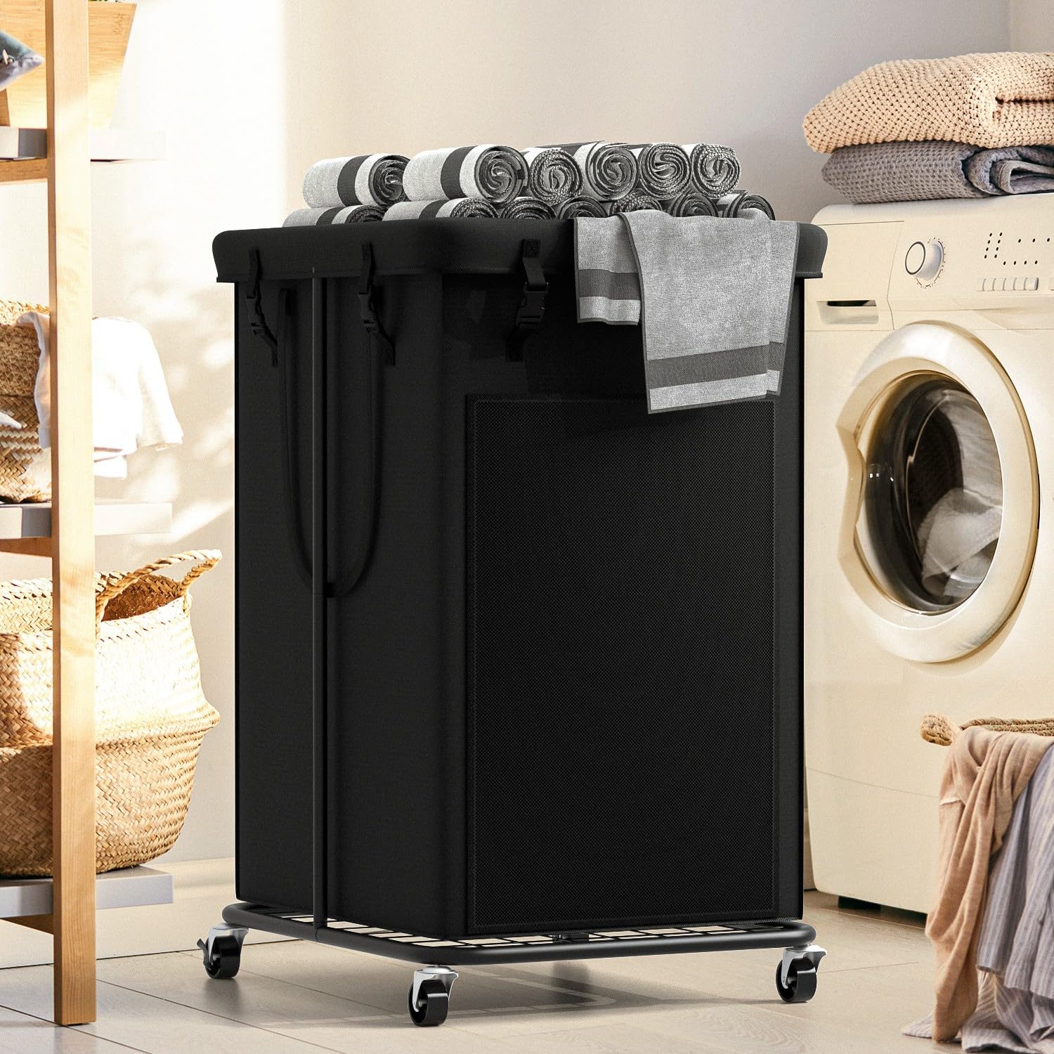 Cesto Portabiancheria Sottile Con Coperchio - 100L, Nero, Salvaspazio Per Bagno E Camera - Foto 6