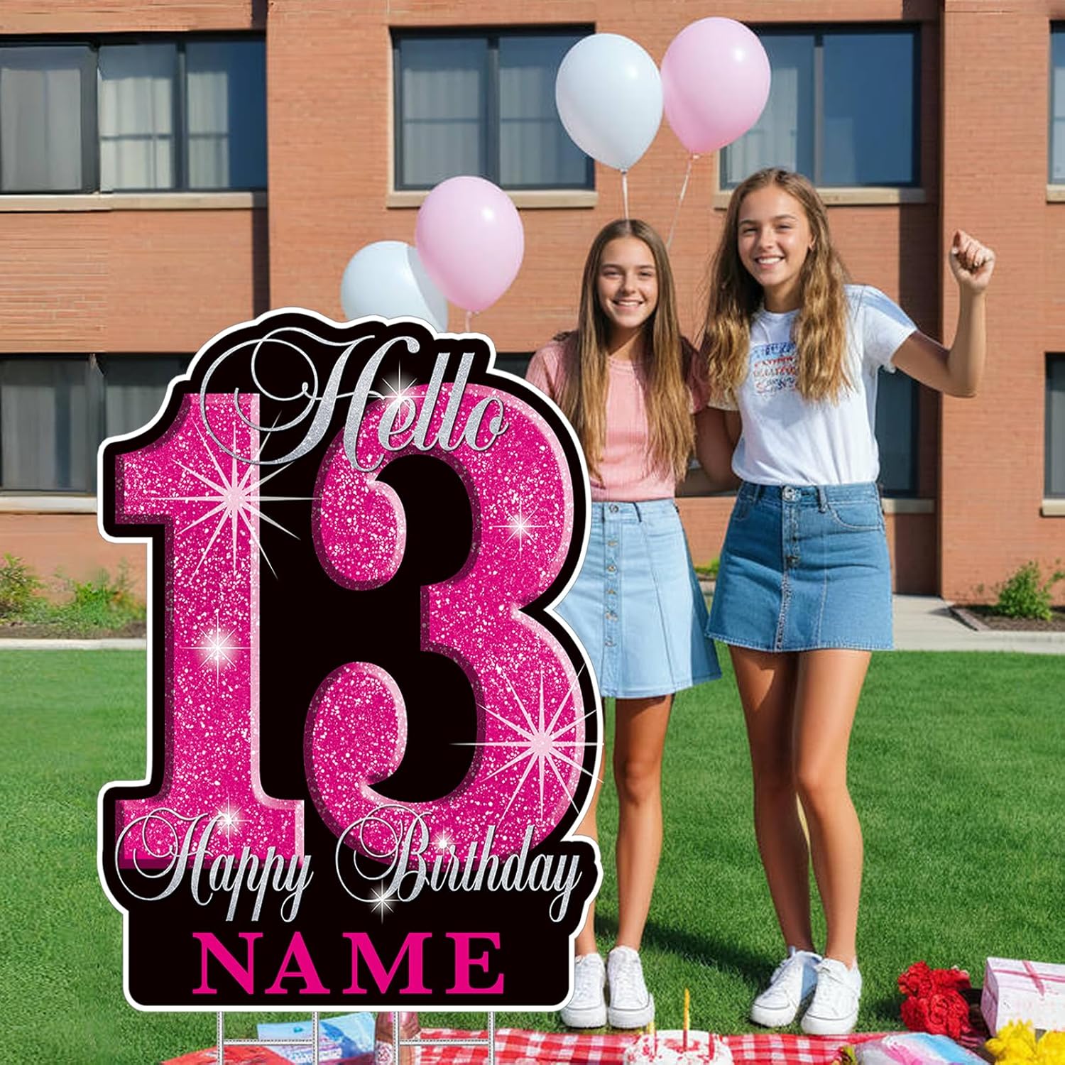 35 Inch Sweet 16 Birthday Large Yard Signs Personalized Name 16th Birthday Lawn Sign Glitter Waterproof Congrats Sign with Stakes for Happy Sweet 16 Party Outdoor Decorations