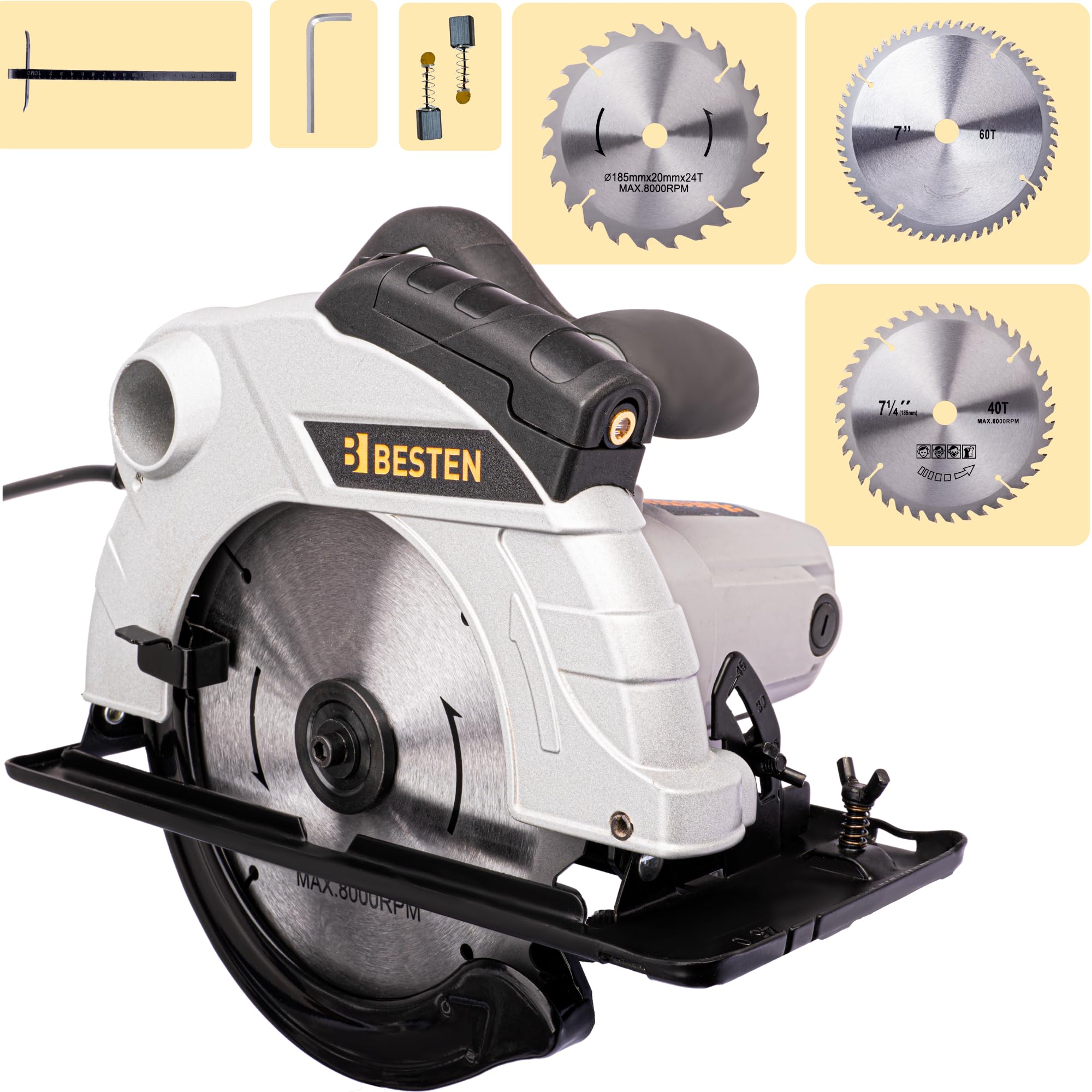 Piła tarczowa ręczna 2000W 185 mm do drewna, laser, 3 tarcze 24T 40T 60T, cięcie 65 mm, regulacja 0–45°, odsysanie pyłu BESTEN