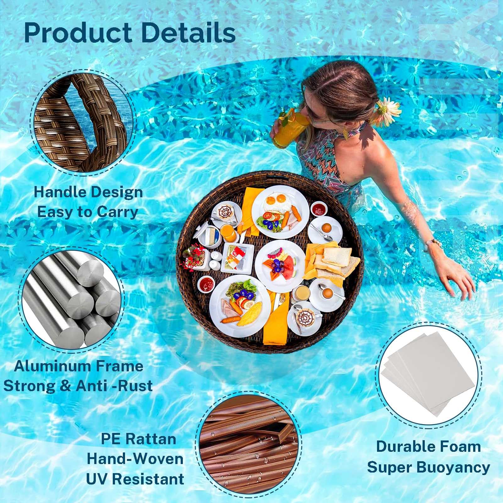 Vassoio Galleggiante in Rattan per Piscina con Manici, Vassoio Galleggiante per Bevande e Snack, Vassoio Galleggiante per Piscina, Accessori per Piscina, Decorazioni per Spiaggia e Feste.