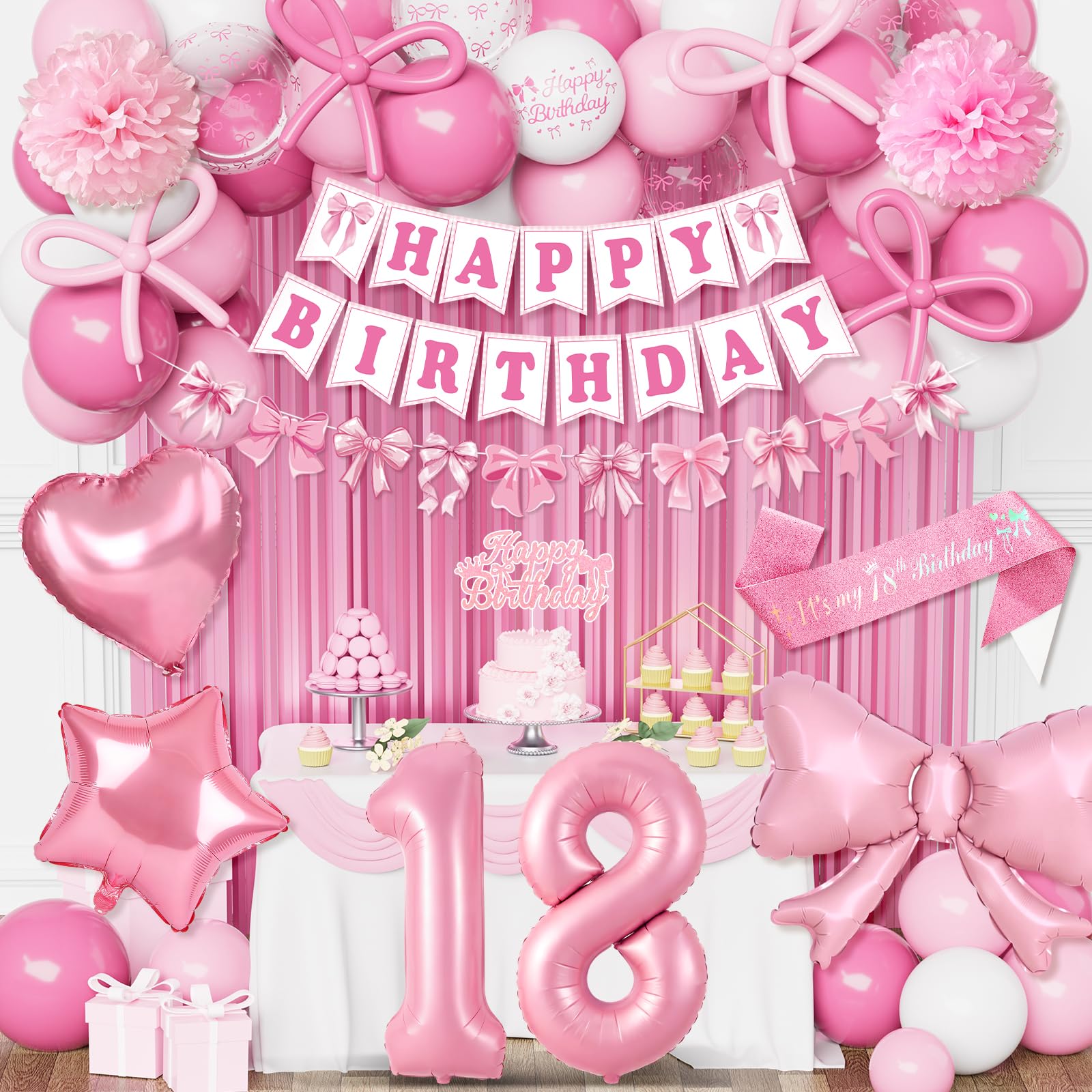 18th Birthday Decorations Girls, Pink Bow Party Decorations Set, Happy Birthday Banner Bunting, Bow Pink White Balloons, Number 18 Heart Star Foilballoon, Foil Curtain, Sash, Bow Party Deco 18th Girls