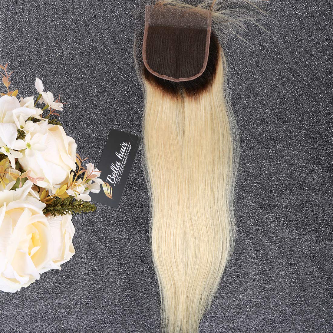 Bella Hair Silky Straight 1B/613 Dark Roots Blonde Lace Closure Remy Virgin Human Hair Closure Piece Free Part 16 inch