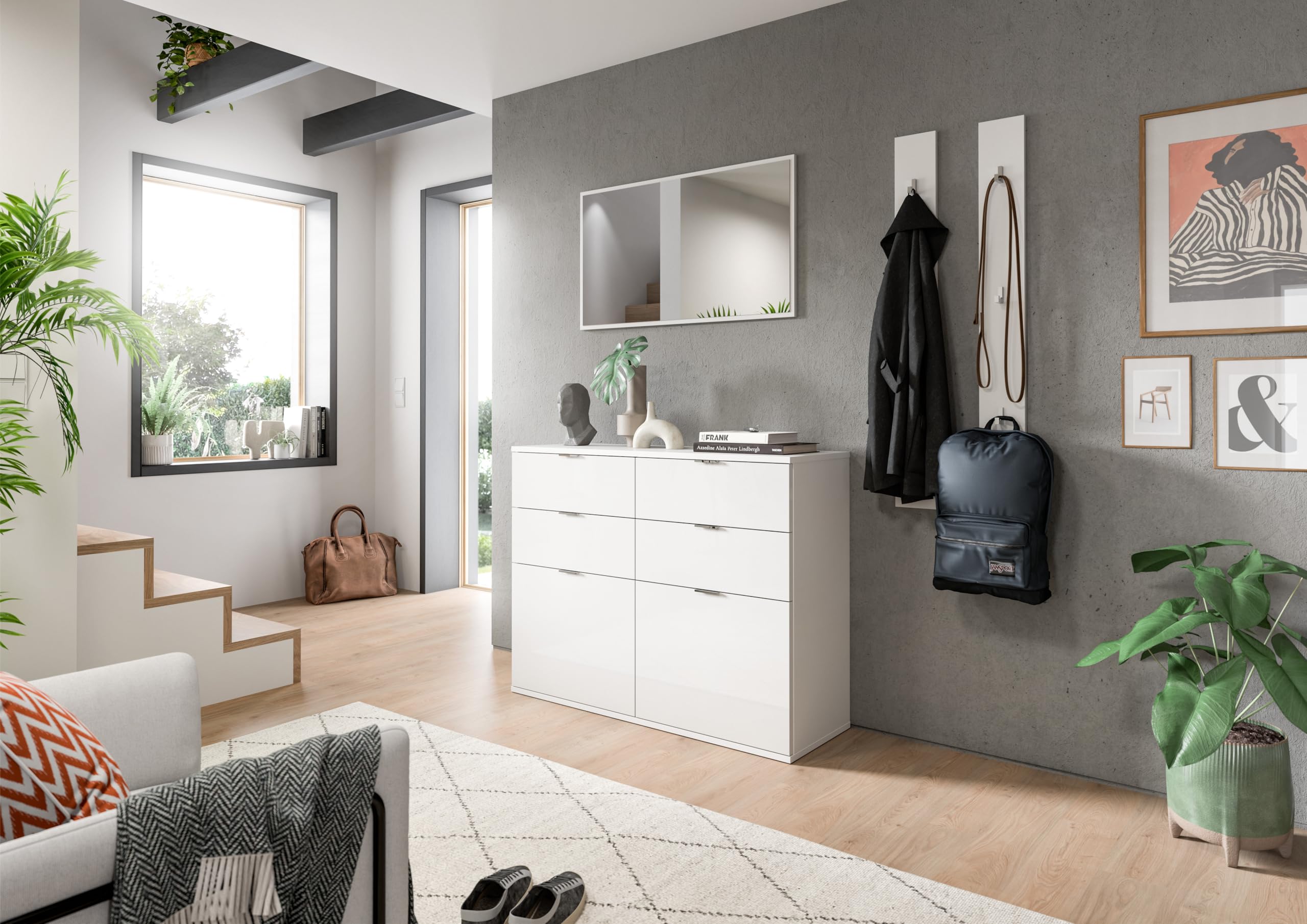 xonox.home Systemmöbel Projekt X Schuhschrank Schuhkommode Schuhregal Garderobenschrank Dielenschrank Flurmöbel Mehrzweckschrank in Front weiß Hochglanz Korpus weiß – Bild 6