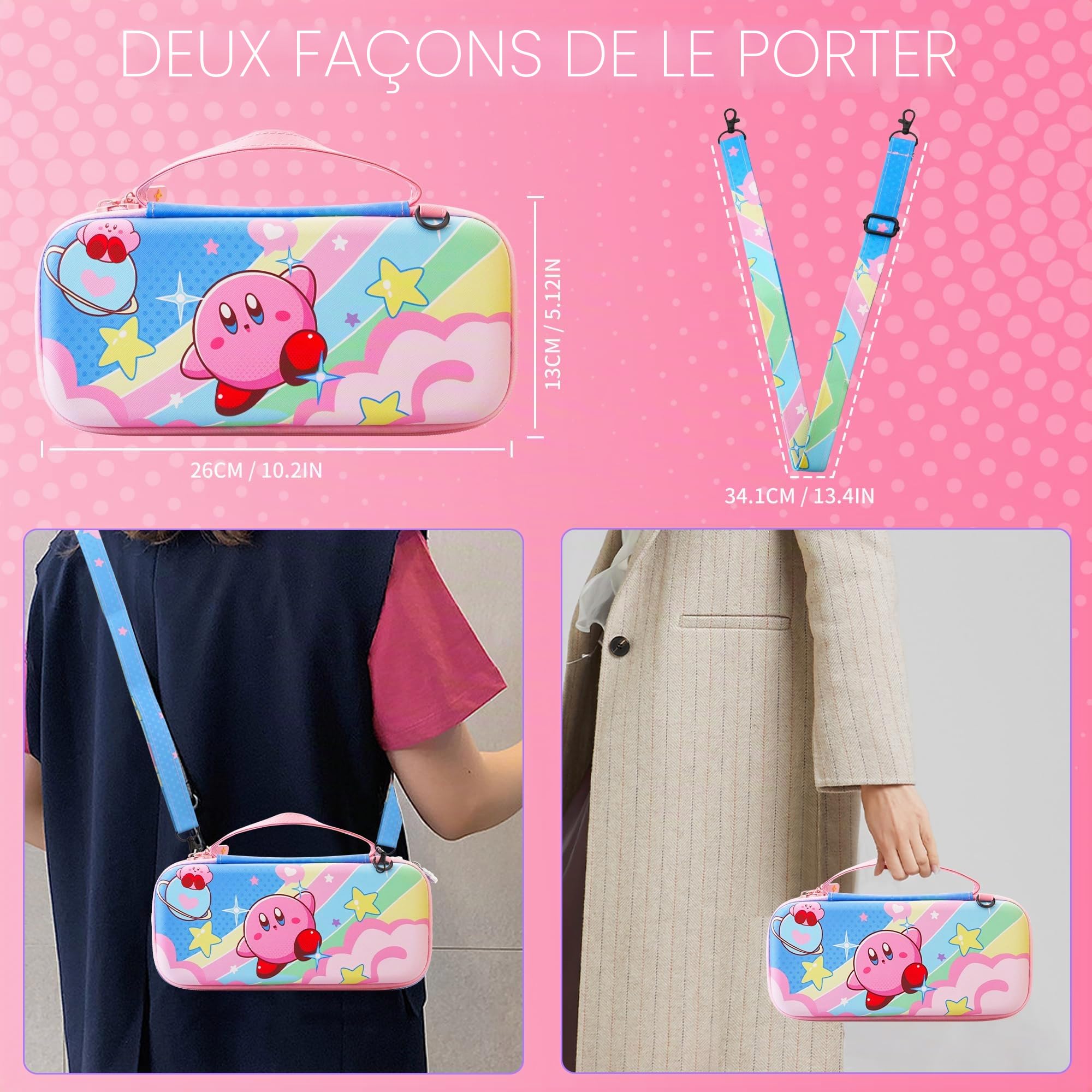 HYPERCASE Cute Anime Switch OLED Étui de transport avec sac de rangement de voyage portable de doublure rose, coque de protection rigide, protection d'écran HD, bandoulière et 2 capuchons de pouce