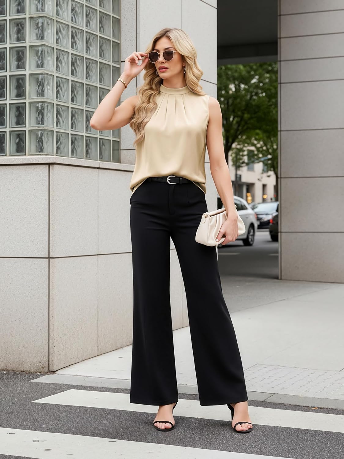 Funlingo Tank Top for Women Summer Dressy Sleeveless Satin Silk Blouse Business Casual Mock Neck Work Shirts Office Clothes Beige S - Image 6