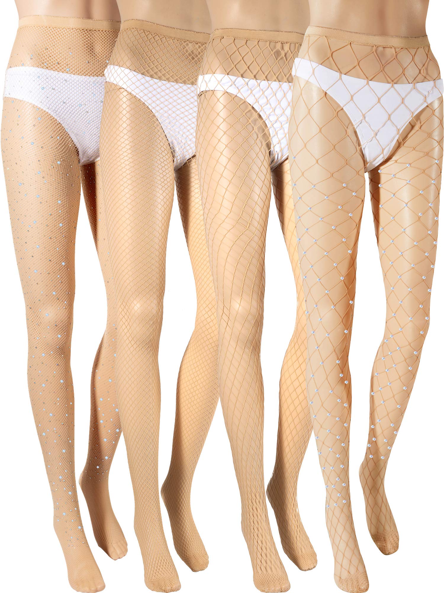 Zhanmai4 Pairs High Waist Fishnet Stockings Tights Rhinestone Fishnet Pantyhose Stockings