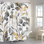 Botanical Shower Curtain, Grey Leaves Plants Floral Branches Tree Bathroom Curtain, Abstract Leaves Natural Shower Curtain Set with 12 Hooks for Bathroom, 183x183cm