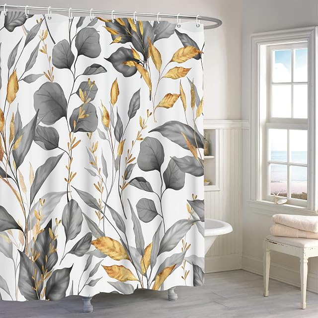 Botanical Shower Curtain, Grey Leaves Plants Floral Branches Tree Bathroom Curtain, Abstract Leaves Natural Shower Curtain Set with 12 Hooks for Bathroom, 183x183cm