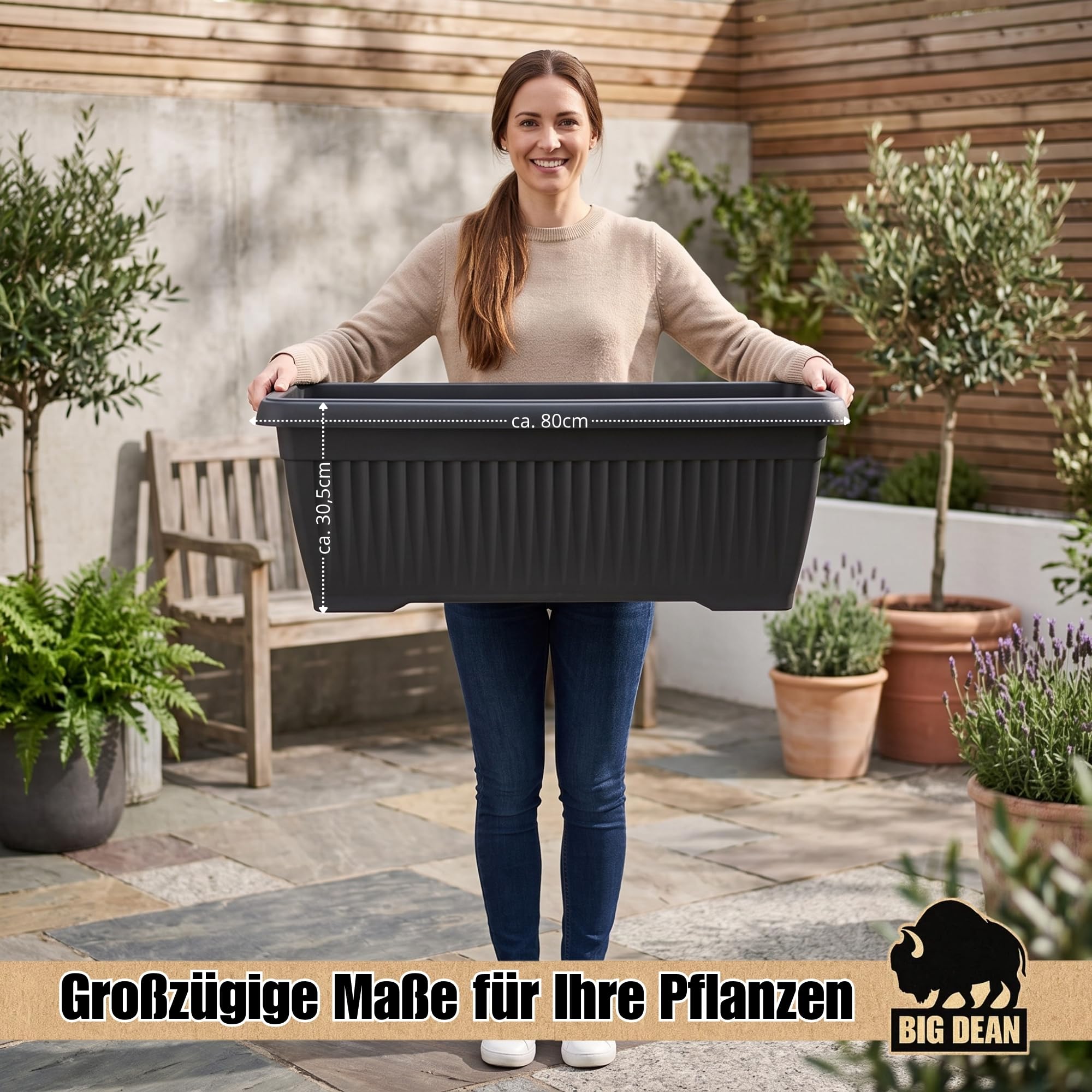 BigDean 3 Stück 60 Liter Blumenkübel Jumbo 80x37,5x30,5cm Blumenkasten | Mediterranes Design, Lieferung inkl. Untersetzer, Farbe: Anthrazit, Pflanzkübel, XXL, Blumentopf, groß