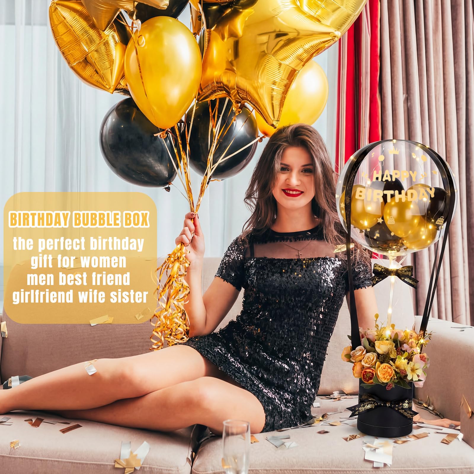 Gemscream Kit de caja de regalo de globos de aire caliente de cumpleaños con globos Bobo de 20 pulgadas, cadena de luces LED, cintas y arcilla floral para mujeres, hombres, amigos, novia, esposa