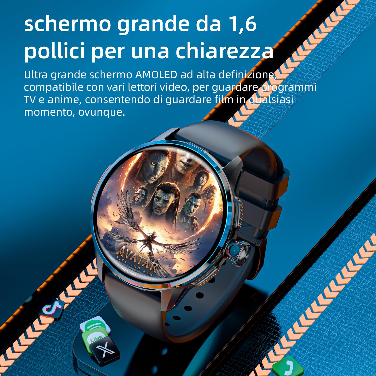 LOKMAT Smartwatch Android con scheda SIM 4G, schermo AMOLED da 1,6 pollici, 3 GB + 32 GB, per uomini e donne, con fotocamera girevole, WiFi, GPS, fitness tracker