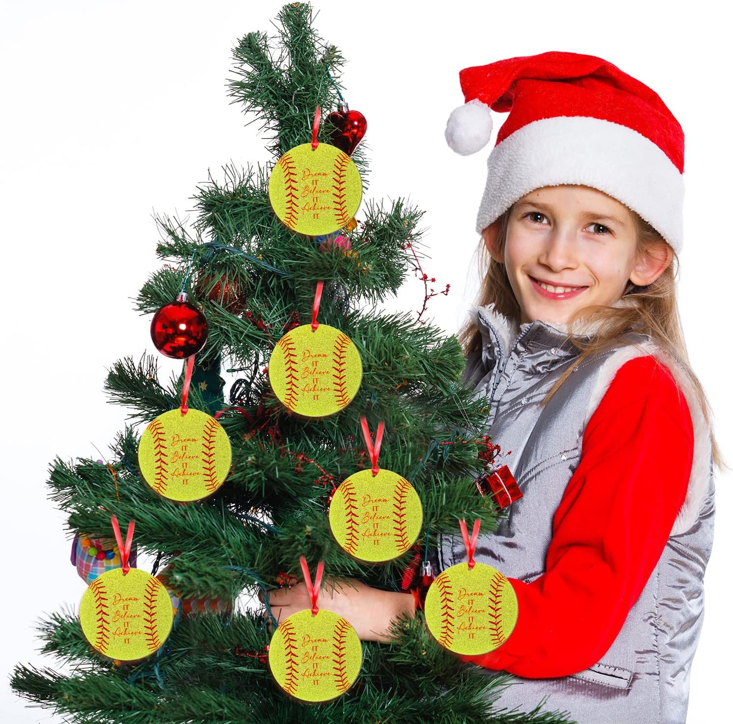 roowest 12 pcs softball christmas tree ornament 2024 personalized round glitter acrylic xmas tree hanging decorations gift keepsake for team player sports fan 12 softball