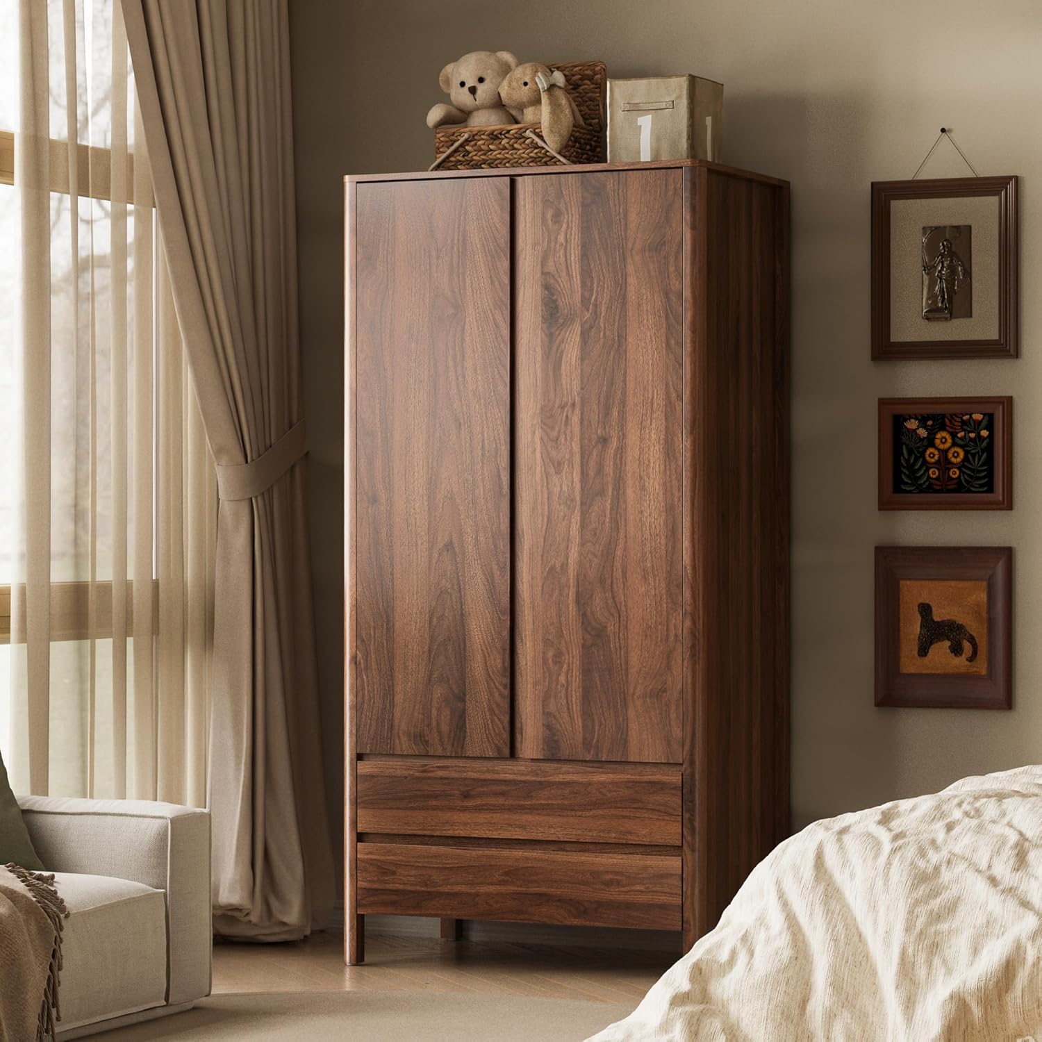 Wardrobe with 2 Doors and 2 Drawers, 70.9”H Modern Walnut Bedroom Armoire Closet with Hidden Handles, Freestanding Wooden Storage Cabinet for Clothes and Essentials