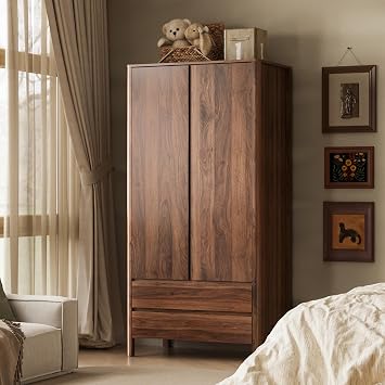 MAISONARIA Wardrobe with 2 Doors and 2 Drawers, 70.9H Modern Walnut Bedroom Armoire Closet with Hidden Handles, Freestanding Wooden Storage Cabinet for Clothes and Essentials