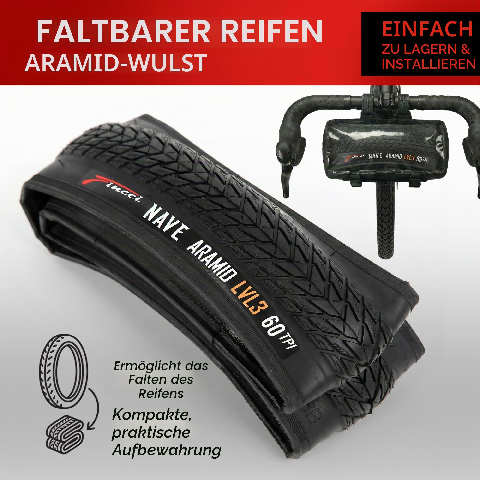 Fincci Nave Urban 700x45c Fahrradreifen 28x1,75 (47-622) - 2er Set Faltbare Aramid 28 Zoll Reifen mit 1mm Pannenschutz - Leichte City, Trekking & Hybrid Reifen 60 TPI